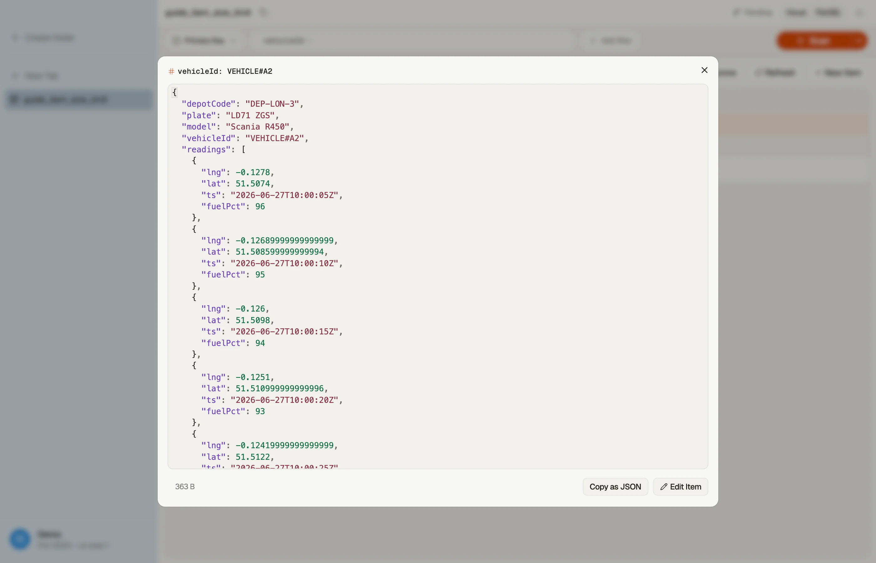 Inspecting a single item's attributes in DynoTable's Quick View.