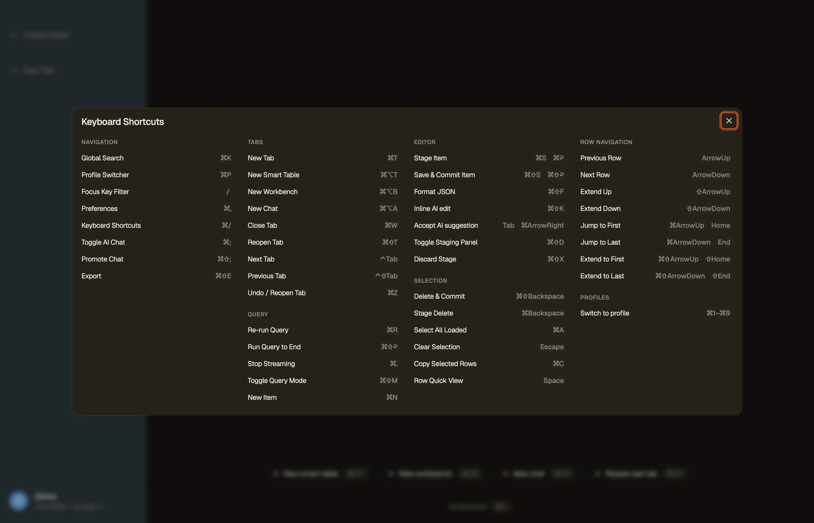 The in-app shortcuts help (⌘/), grouped by category.