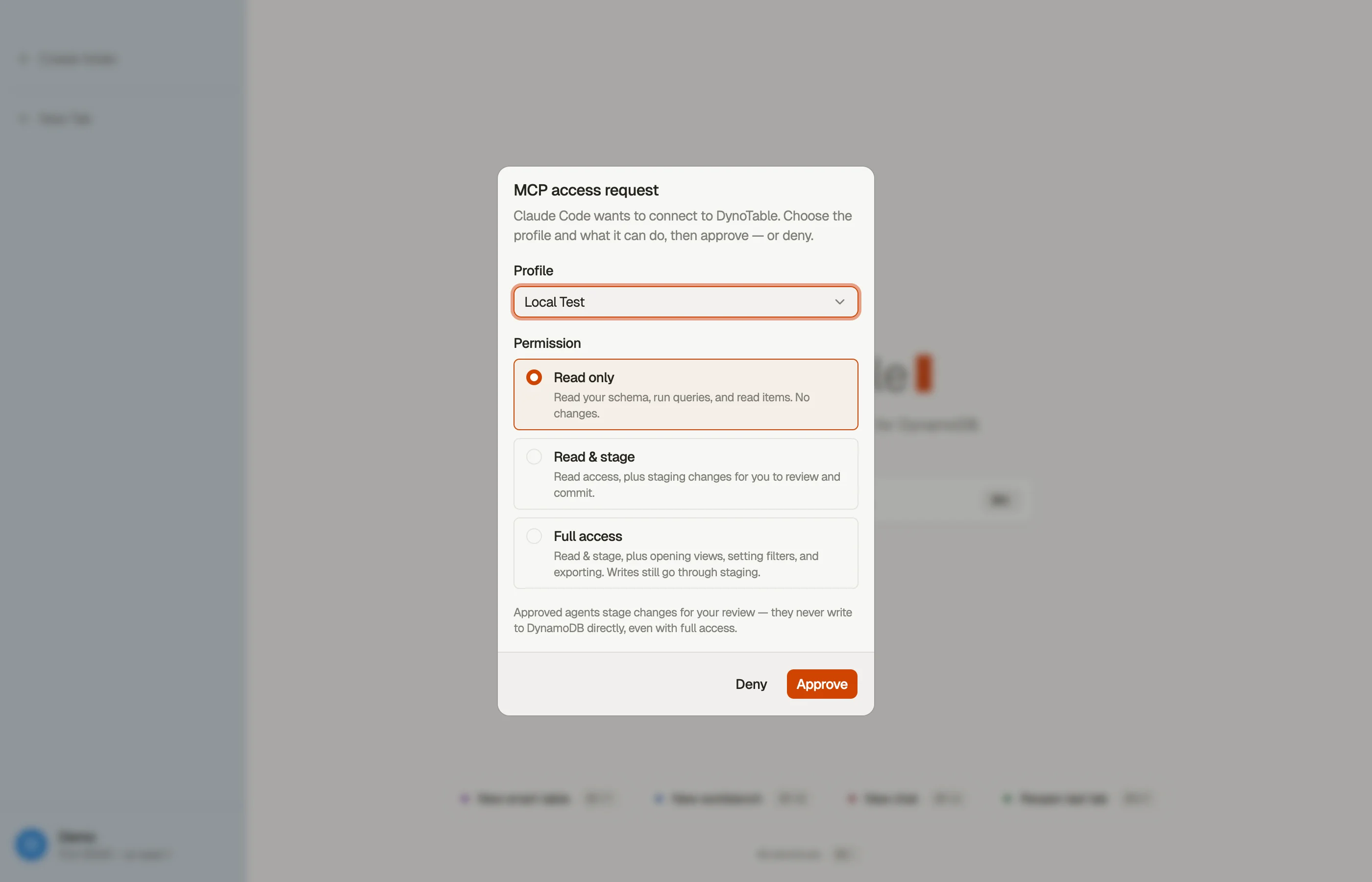 The in-app consent prompt: a connecting client requests access, and you grant one of three scopes or deny.