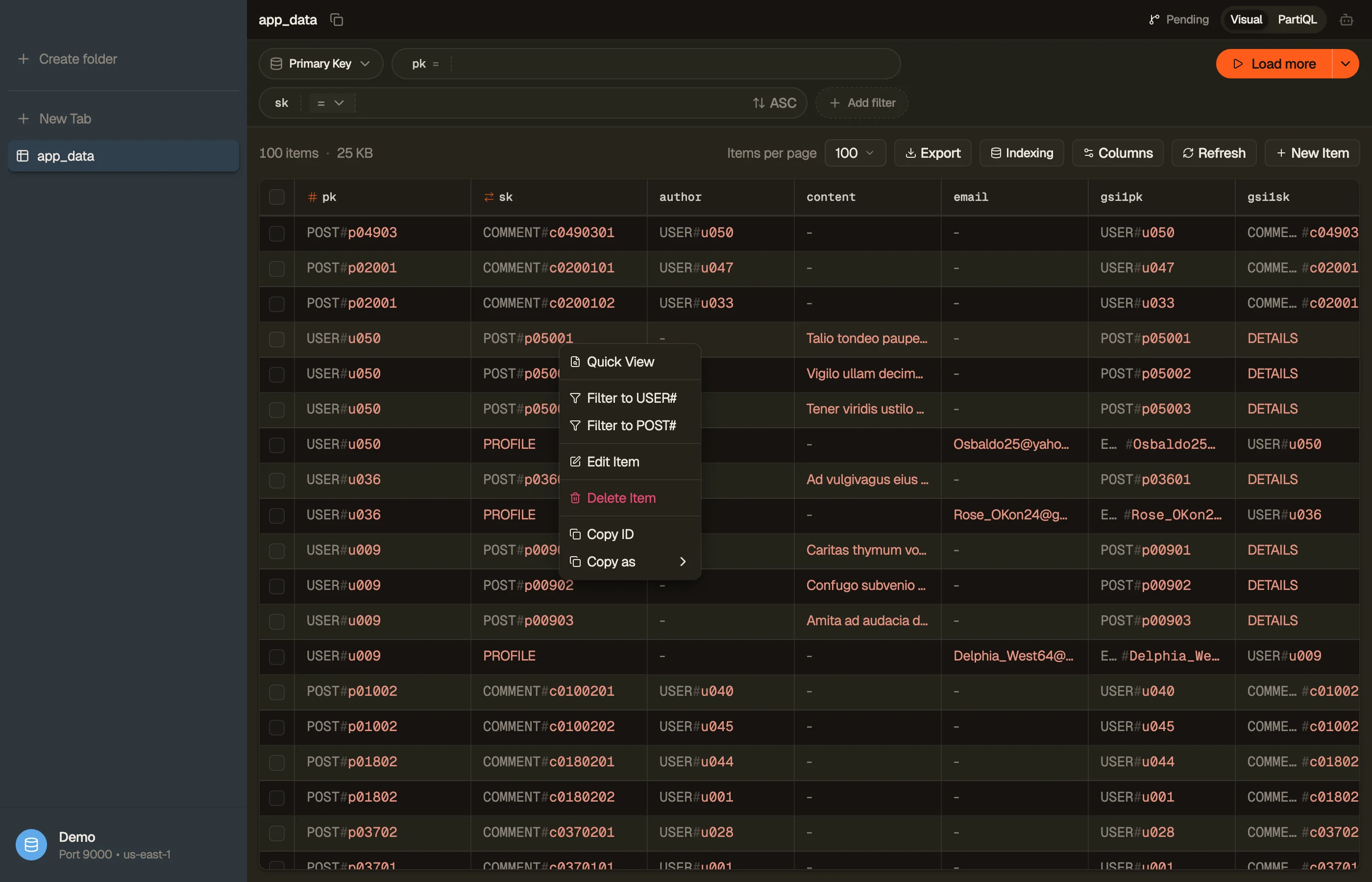 The right-click row menu over an overloaded table — Filter to USER# and Filter to POST# facets above keys decoded into labelled segments.