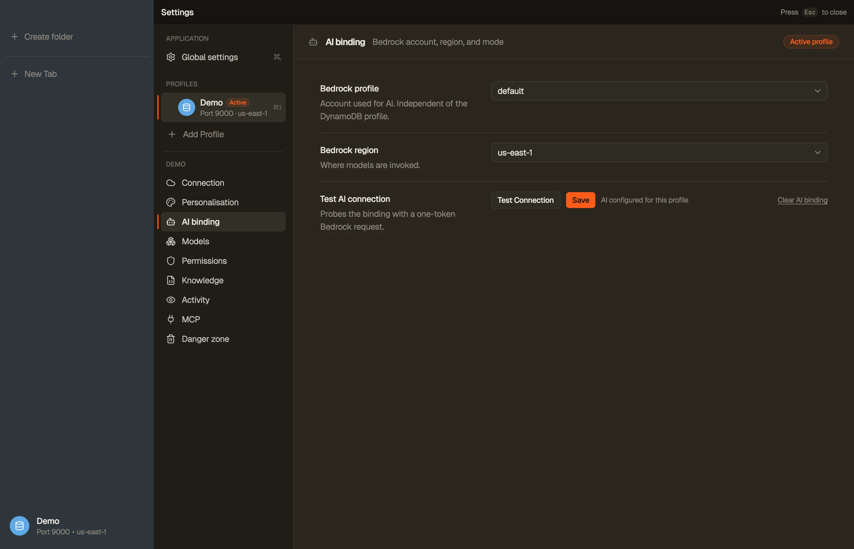 AI binding — the Bedrock account, region, and connection test.