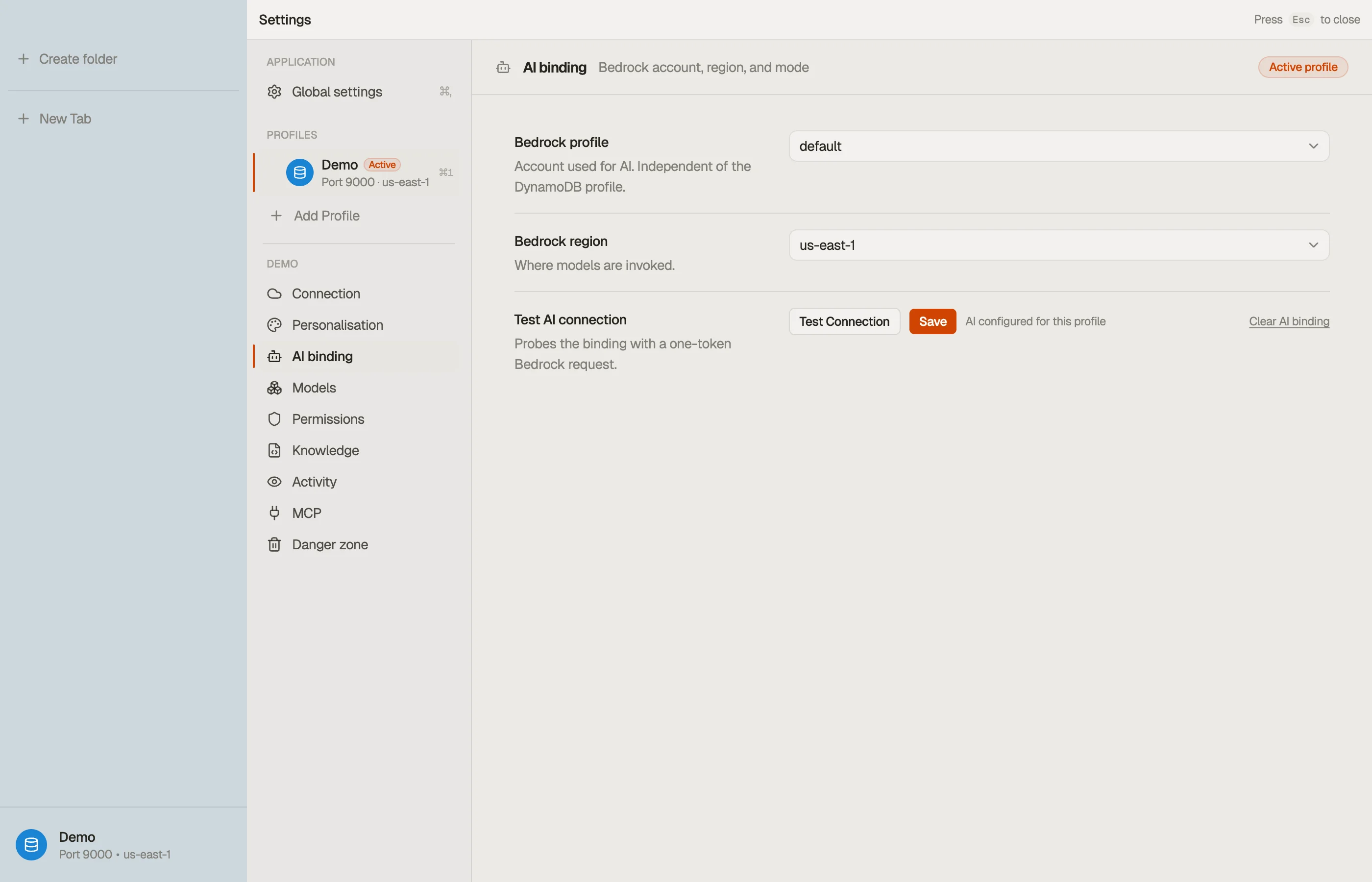 AI binding — the Bedrock account, region, and connection test.