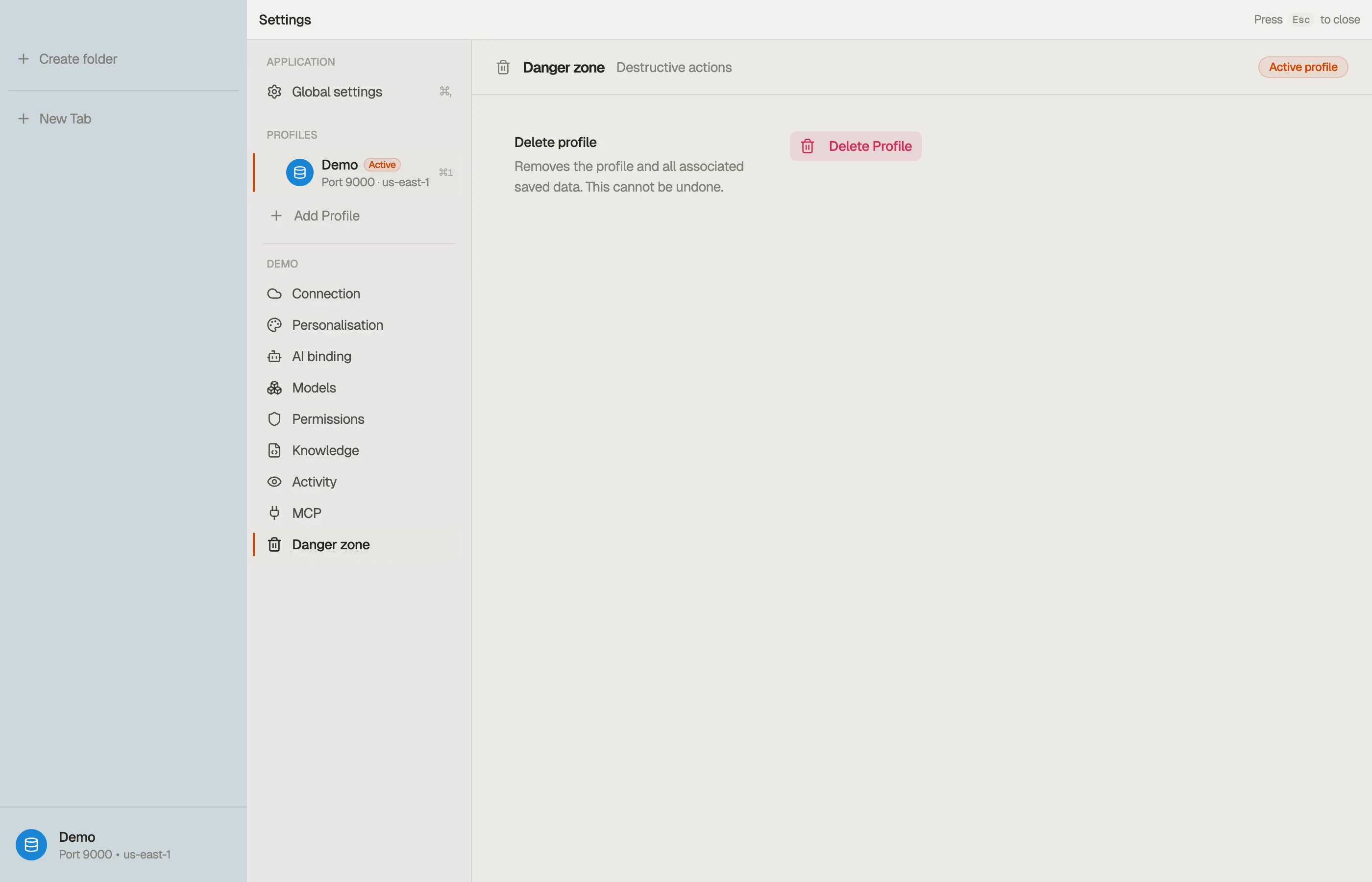 Danger zone — removing the profile and clearing its local data.