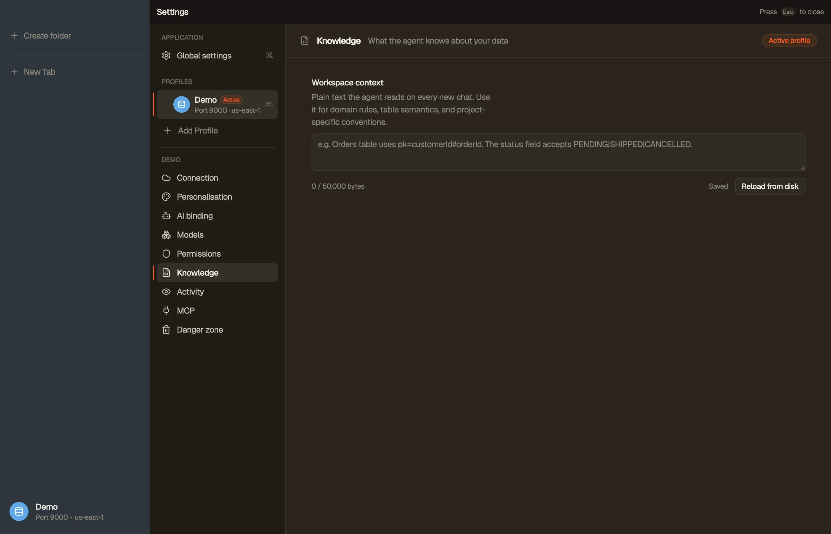 Knowledge — the workspace notes the assistant reads as standing context.