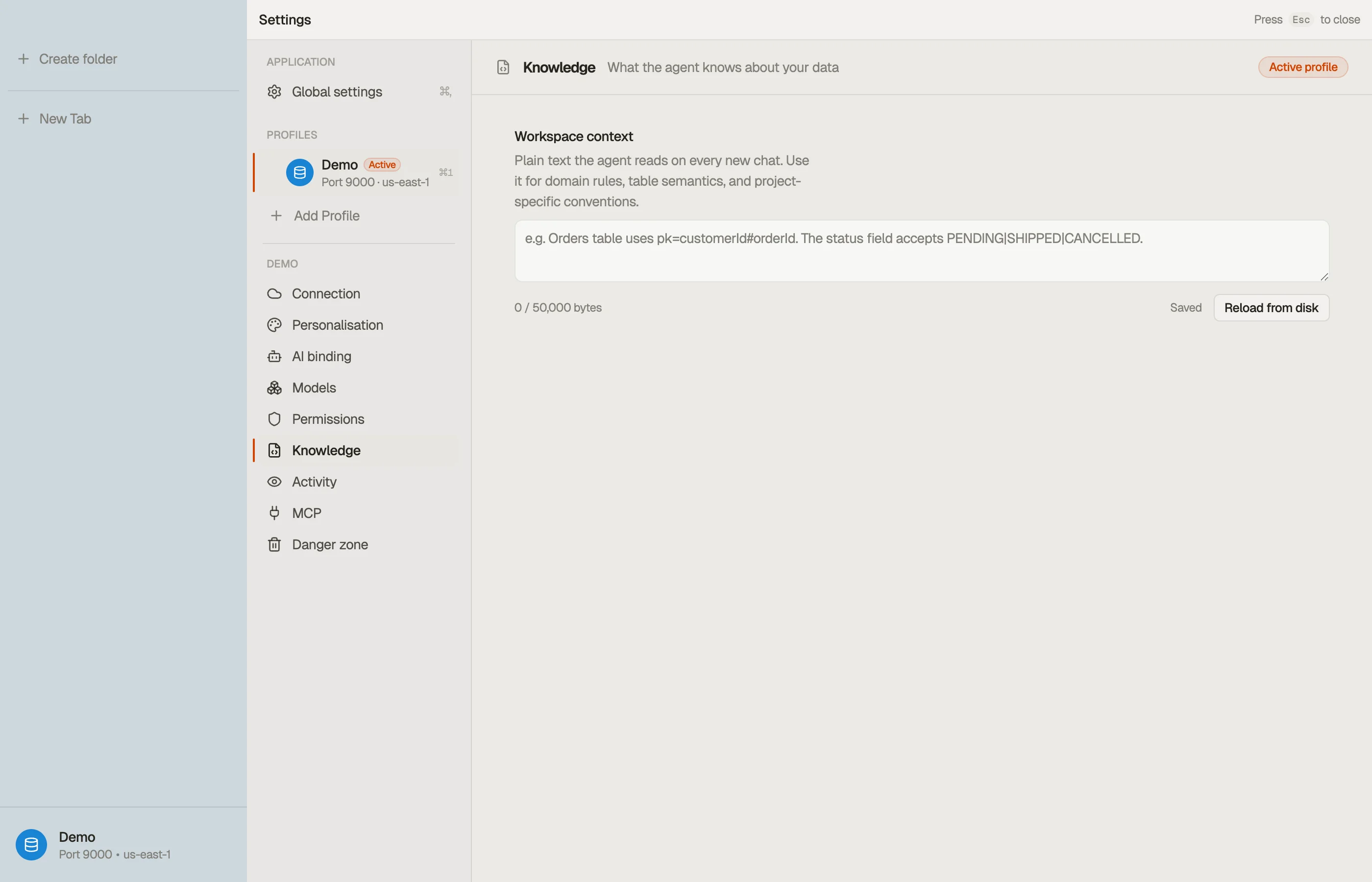 Knowledge — the workspace notes the assistant reads as standing context.