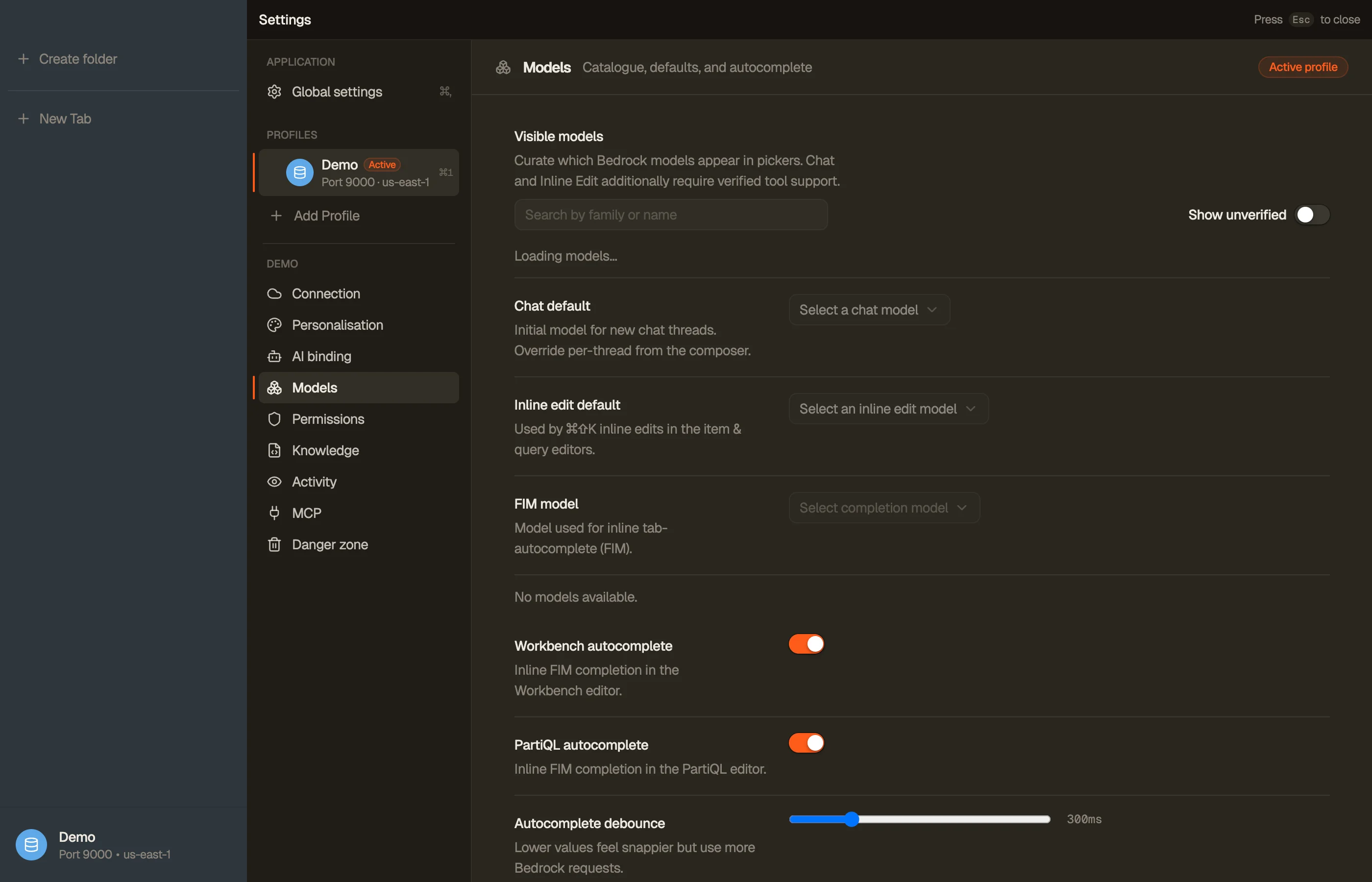 Models — the catalogue, your per-surface defaults, and which models are visible.
