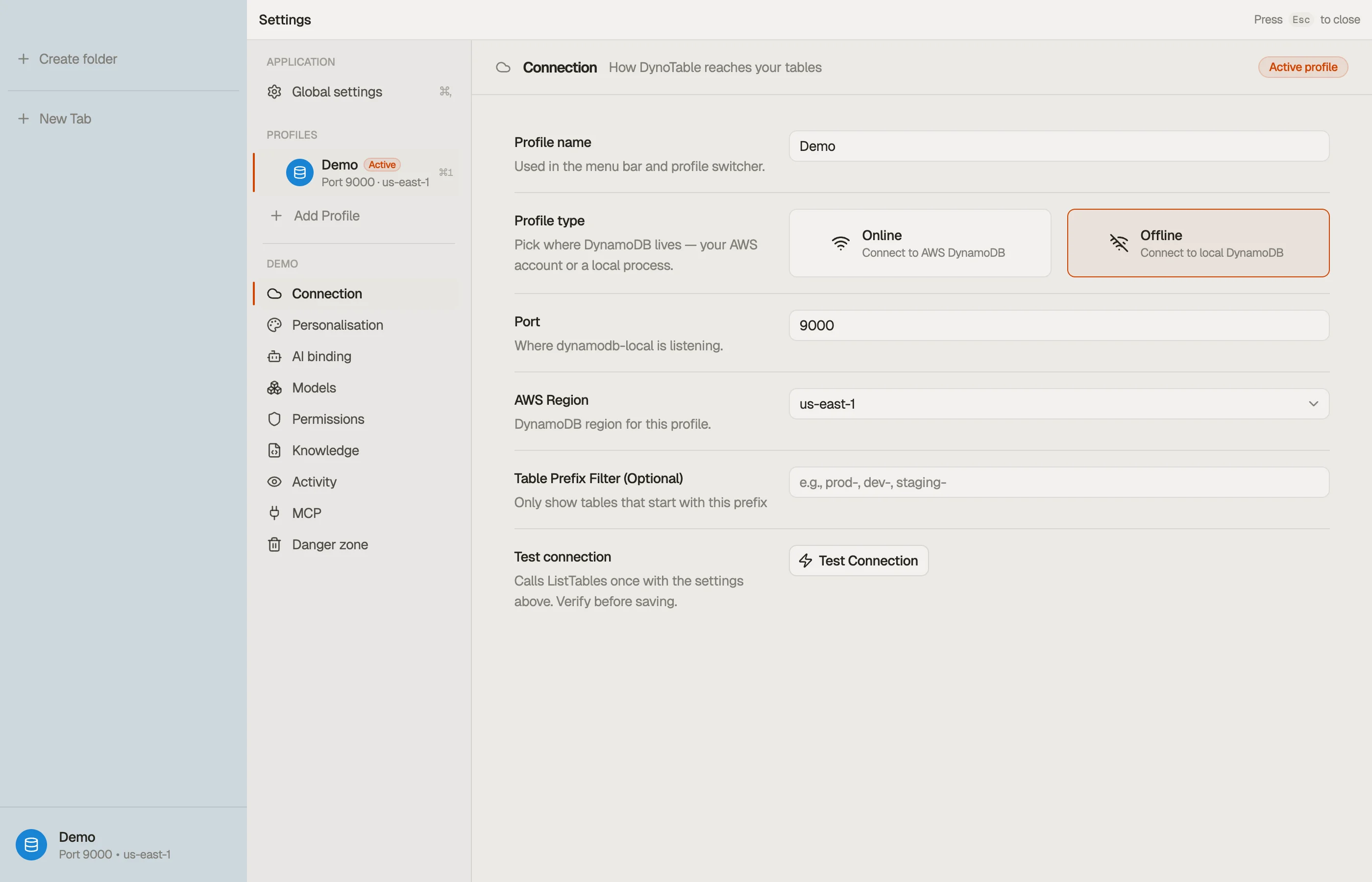 A profile's settings — the Connection section, with the per-profile section rail on the left.