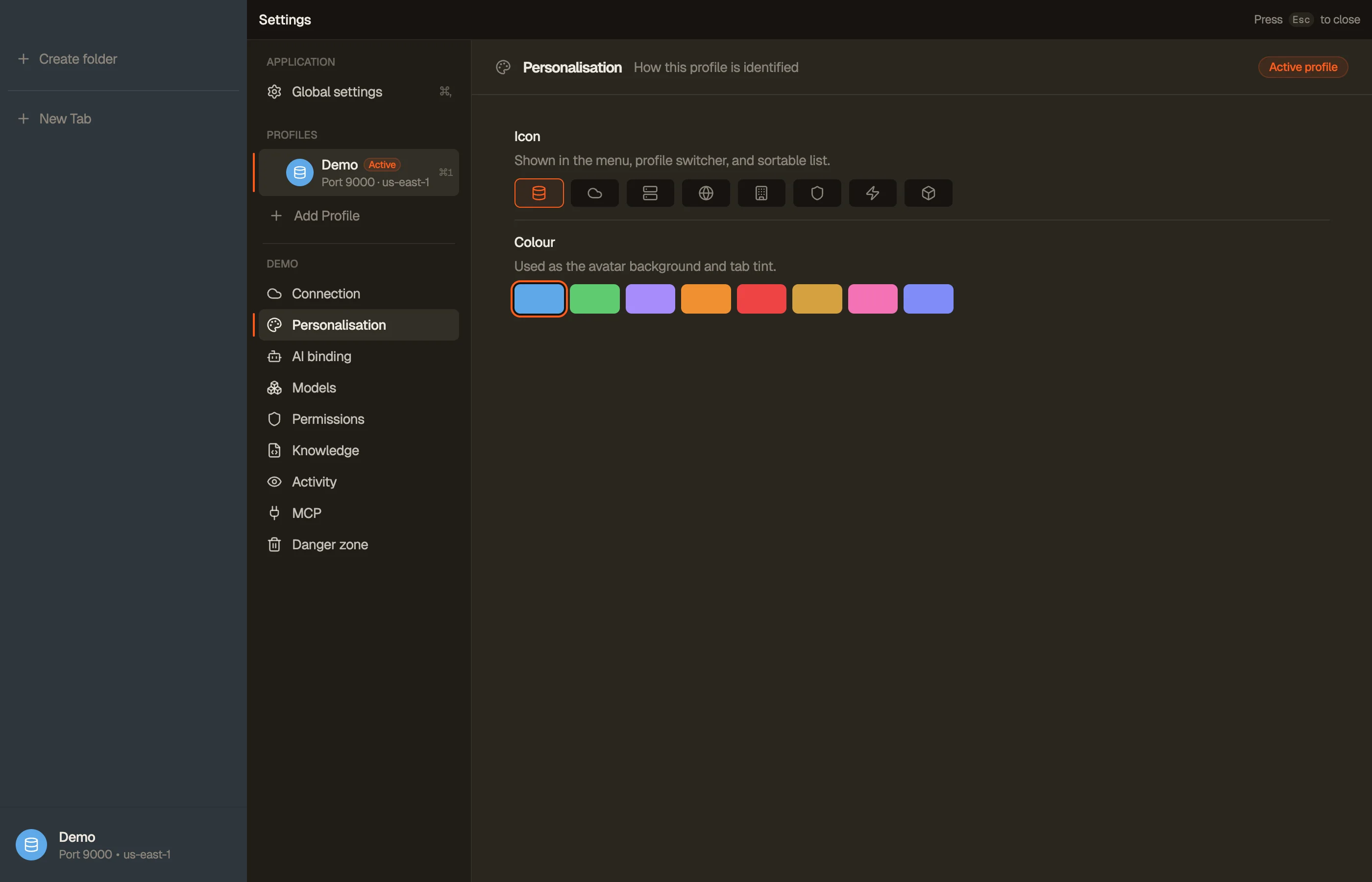 Personalization — the profile's colour and icon.