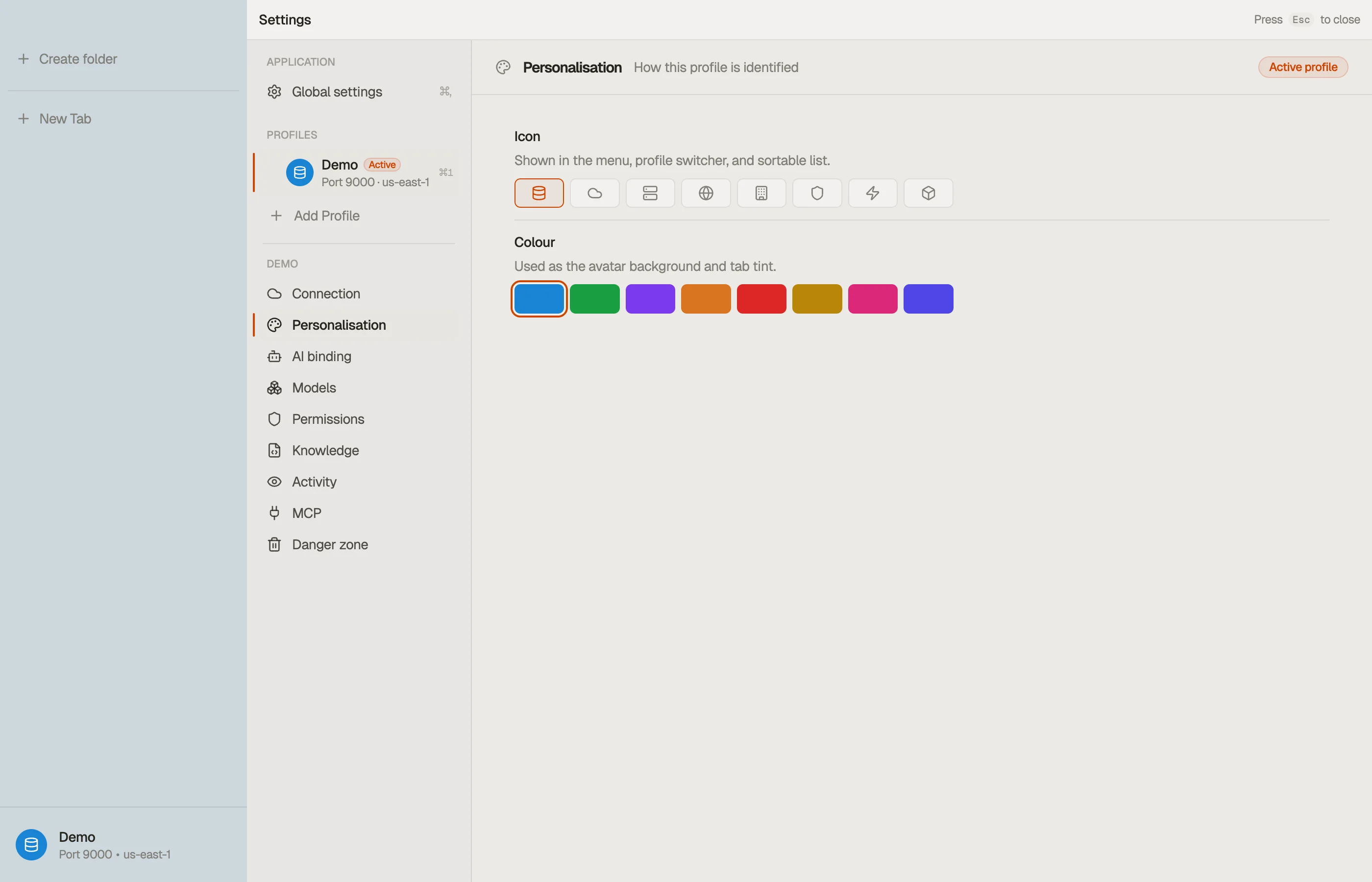 Personalization — the profile's colour and icon.