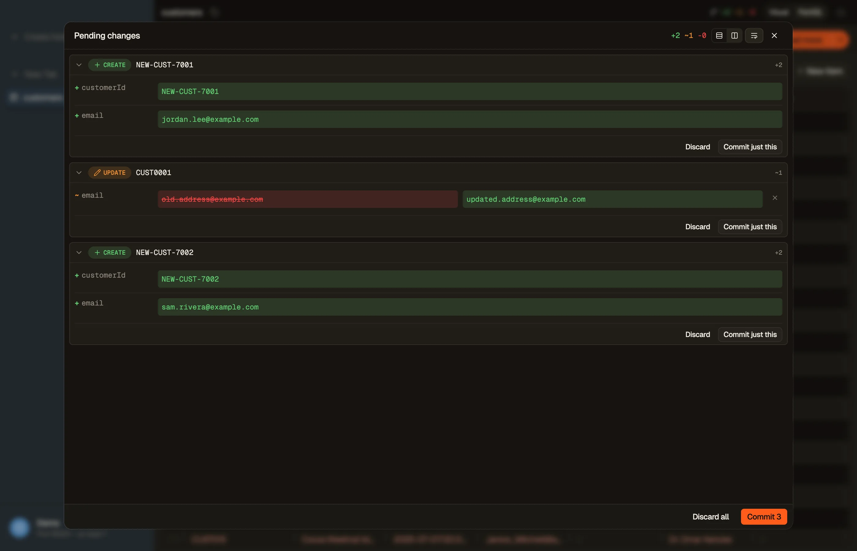 The staging panel showing pending changes as per-attribute diff cards, with per-row and bulk commit.