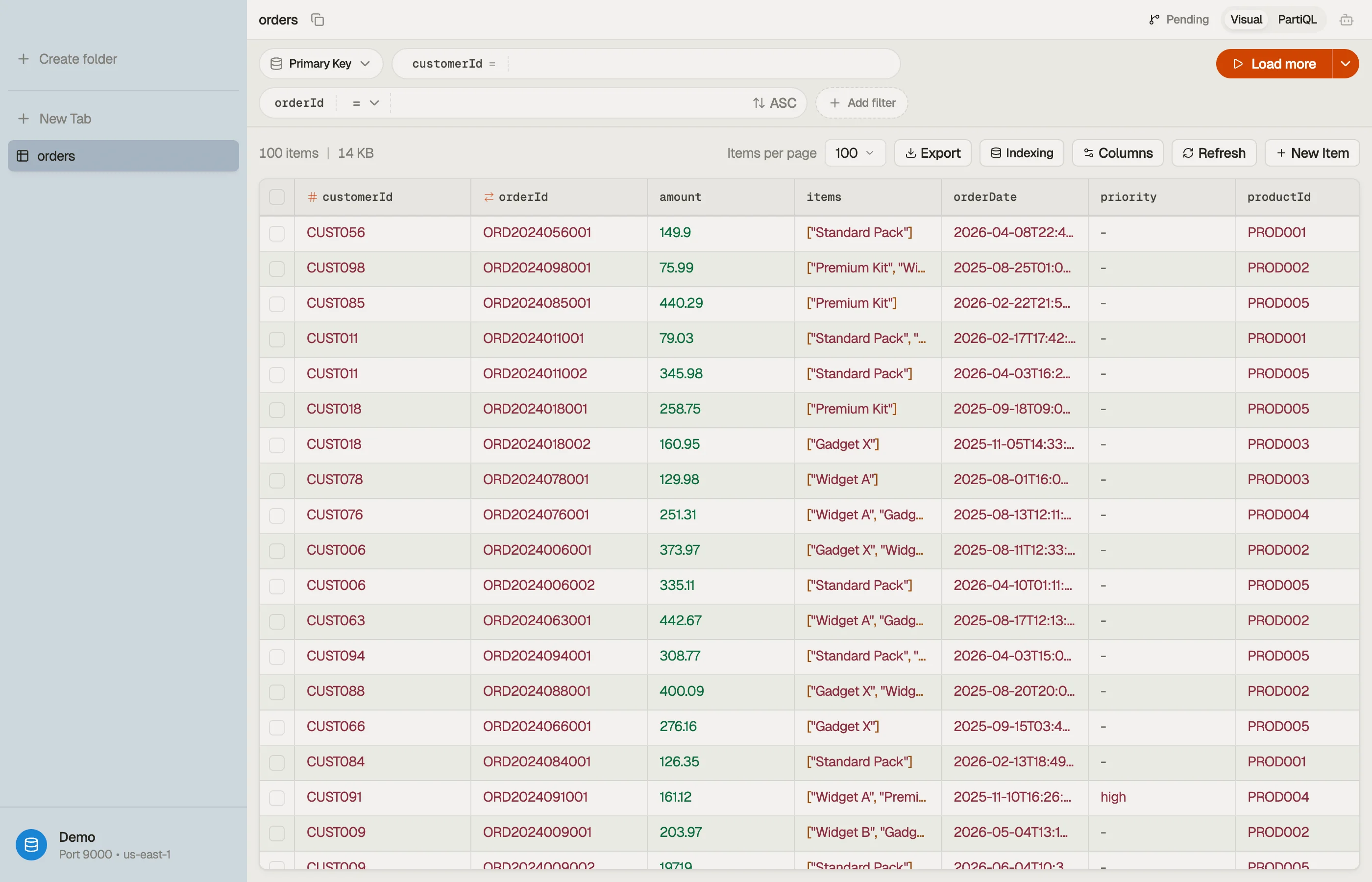 The DynoTable workspace: sidebar of tabs on the left, the active table grid on the right.