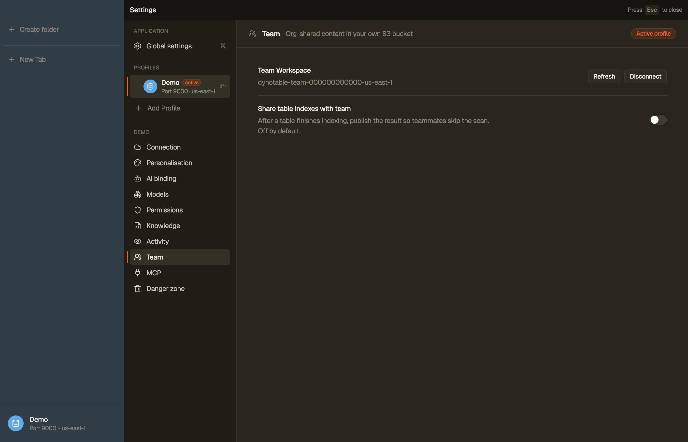 A connected Team Workspace in a profile's Team settings, showing the workspace bucket and sync controls.