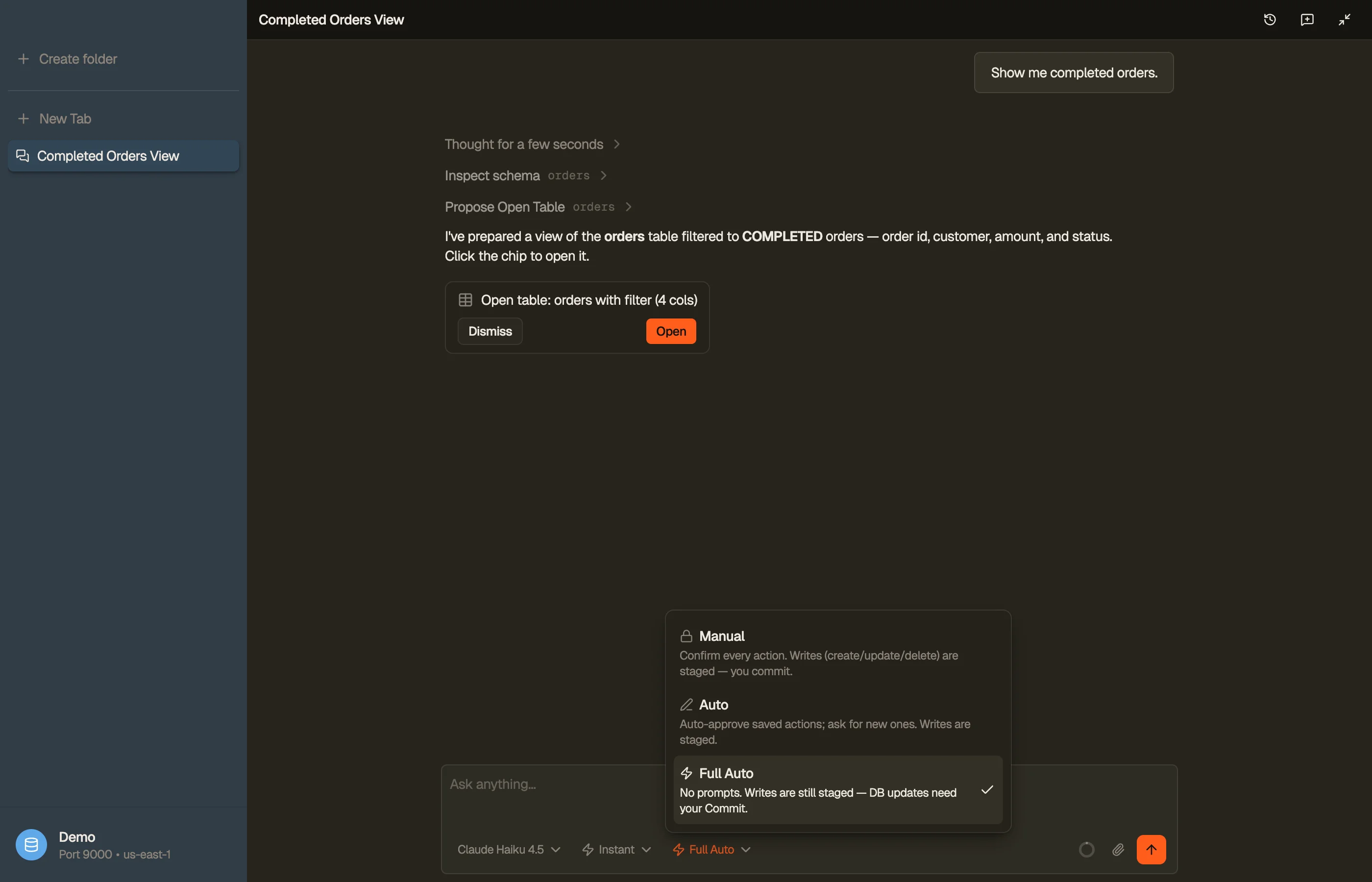 The permission-mode toggle in the chat composer, open — Manual, Auto, and Full Auto, each with what it does.