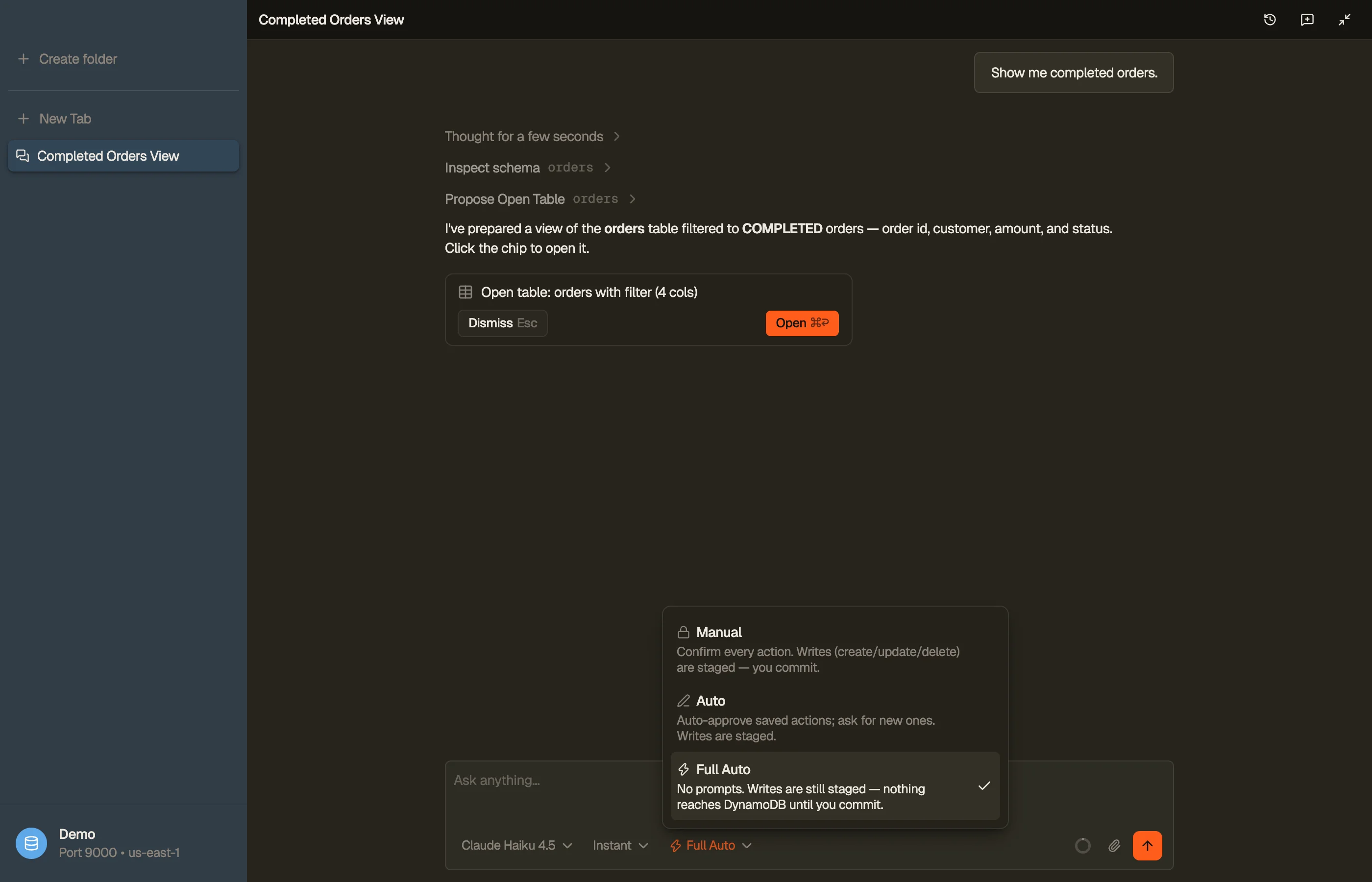 The permission-mode toggle in DynoTable's AI chat composer, open: Manual, Auto, and Full Auto, each with what it does.