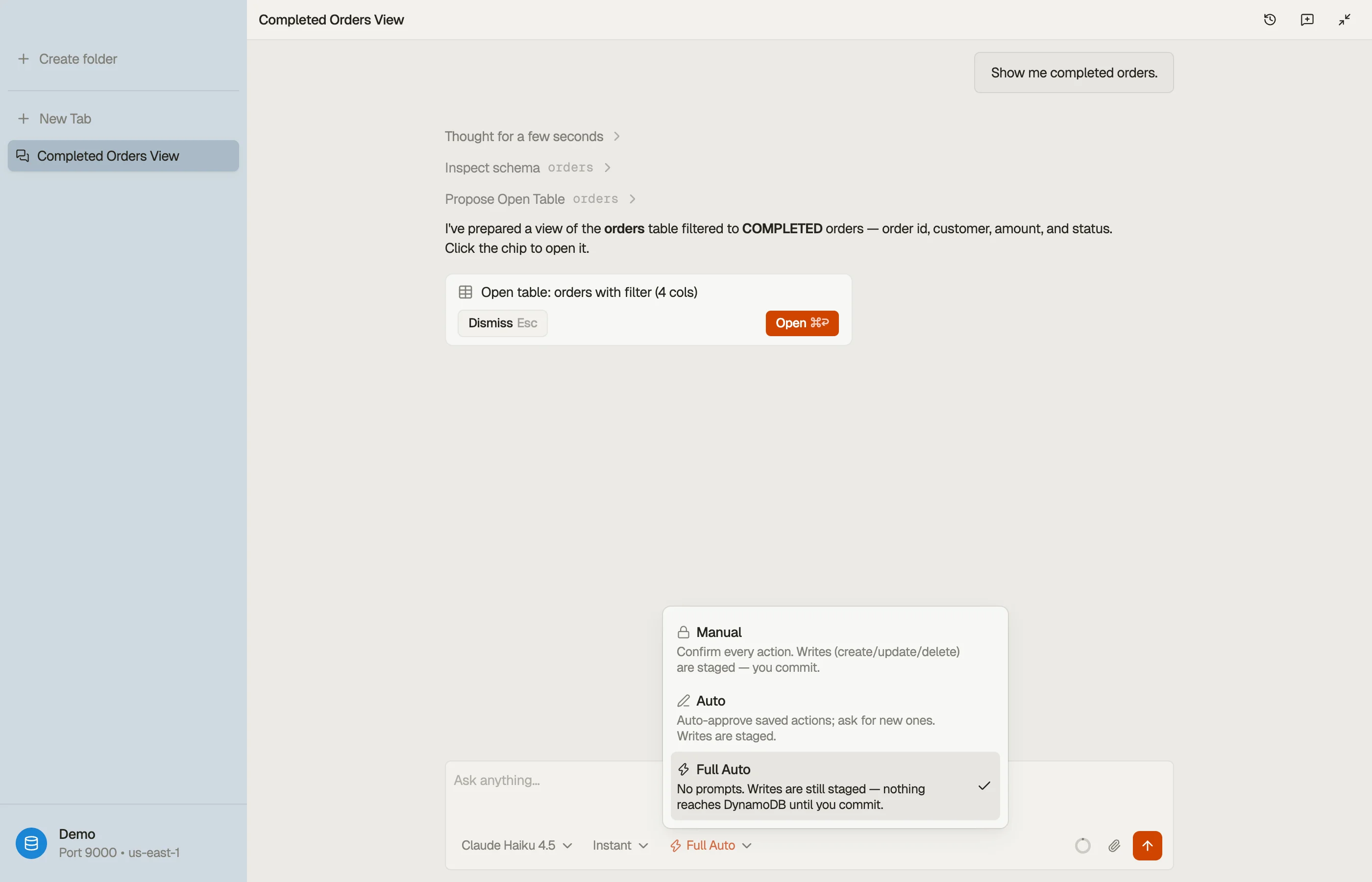 The permission-mode toggle in DynoTable's AI chat composer, open: Manual, Auto, and Full Auto, each with what it does.
