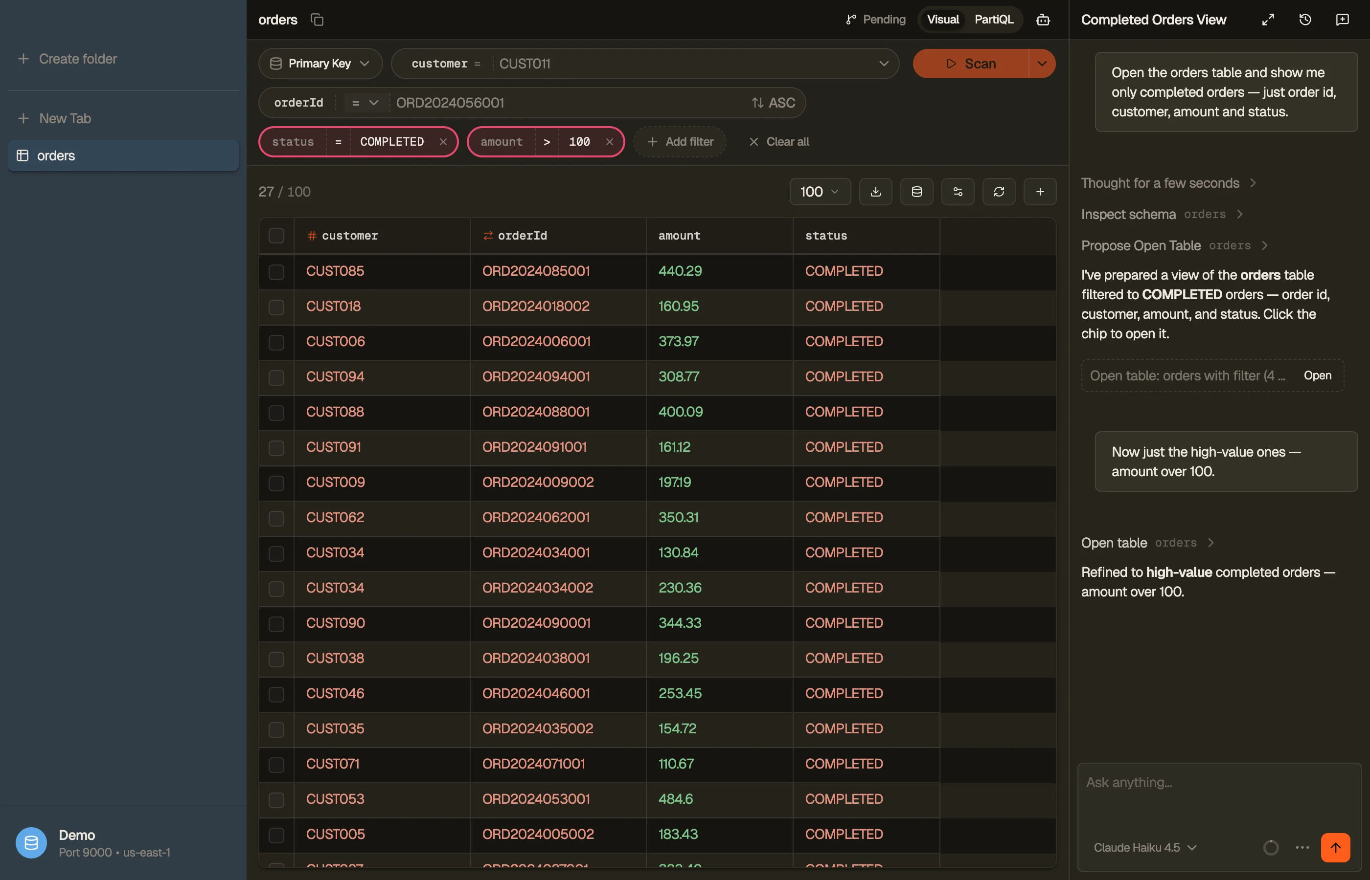 The AI chat sidebar docked on the right, alongside an open table tab.