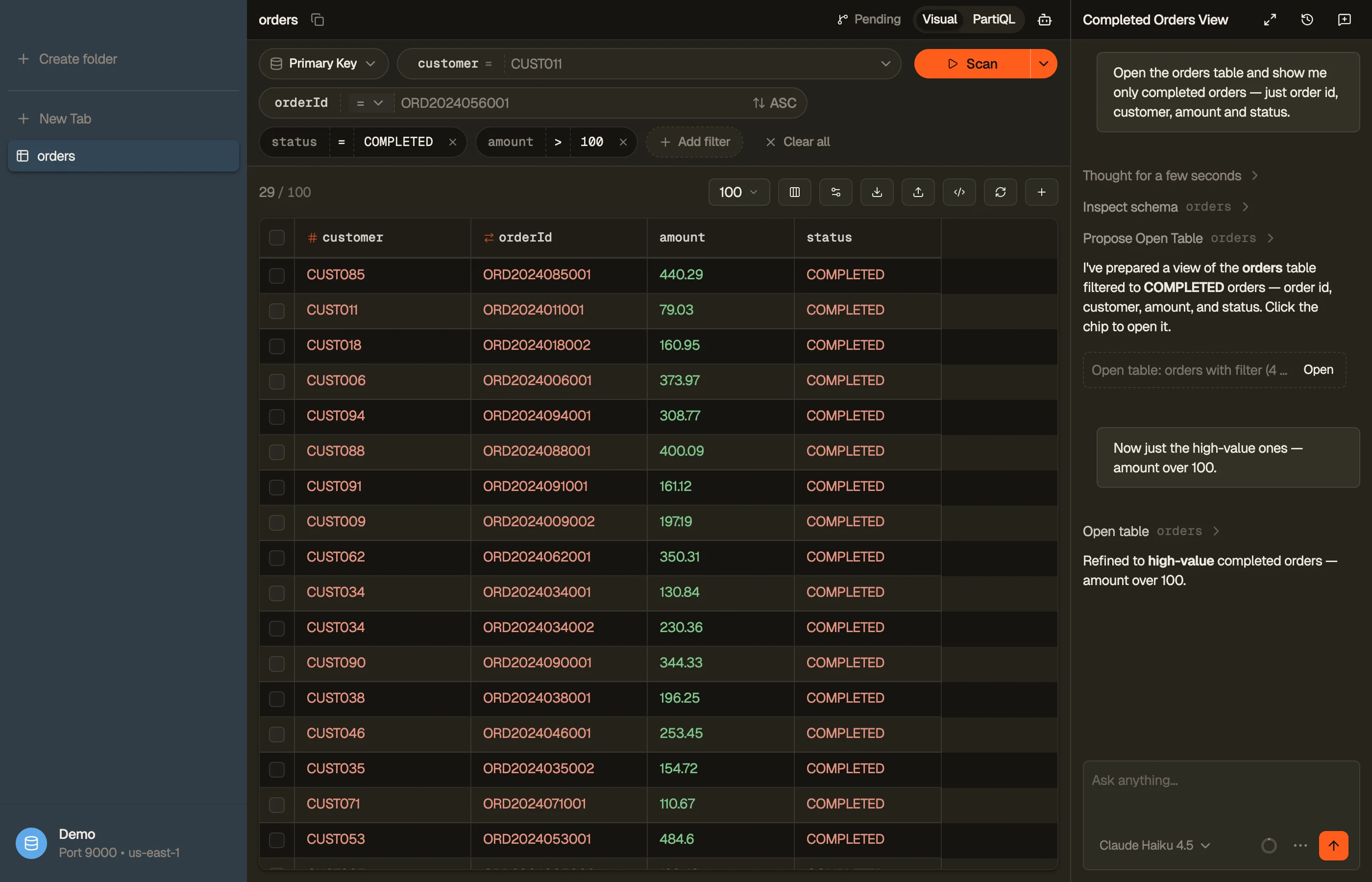 DynoTable's AI chat sidebar docked on the right, alongside an open DynamoDB table tab.