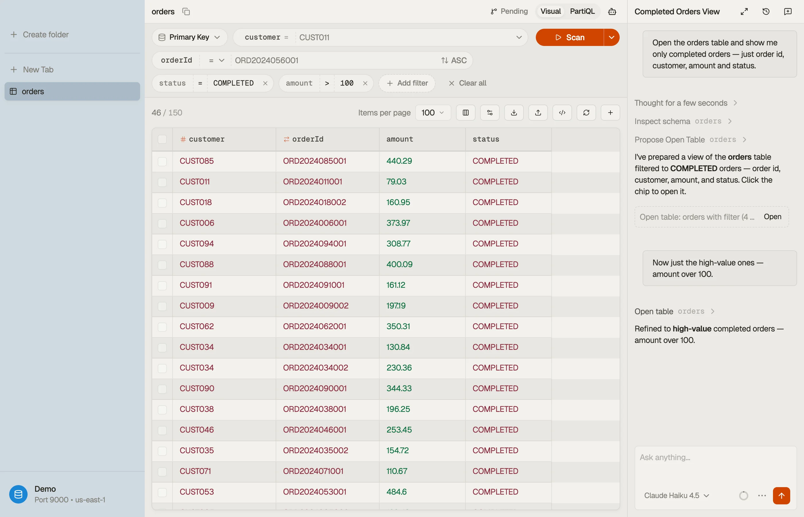 The DynoTable AI chat docked beside a table tab: a plain-language question, the generated query, and the result opening as a view.