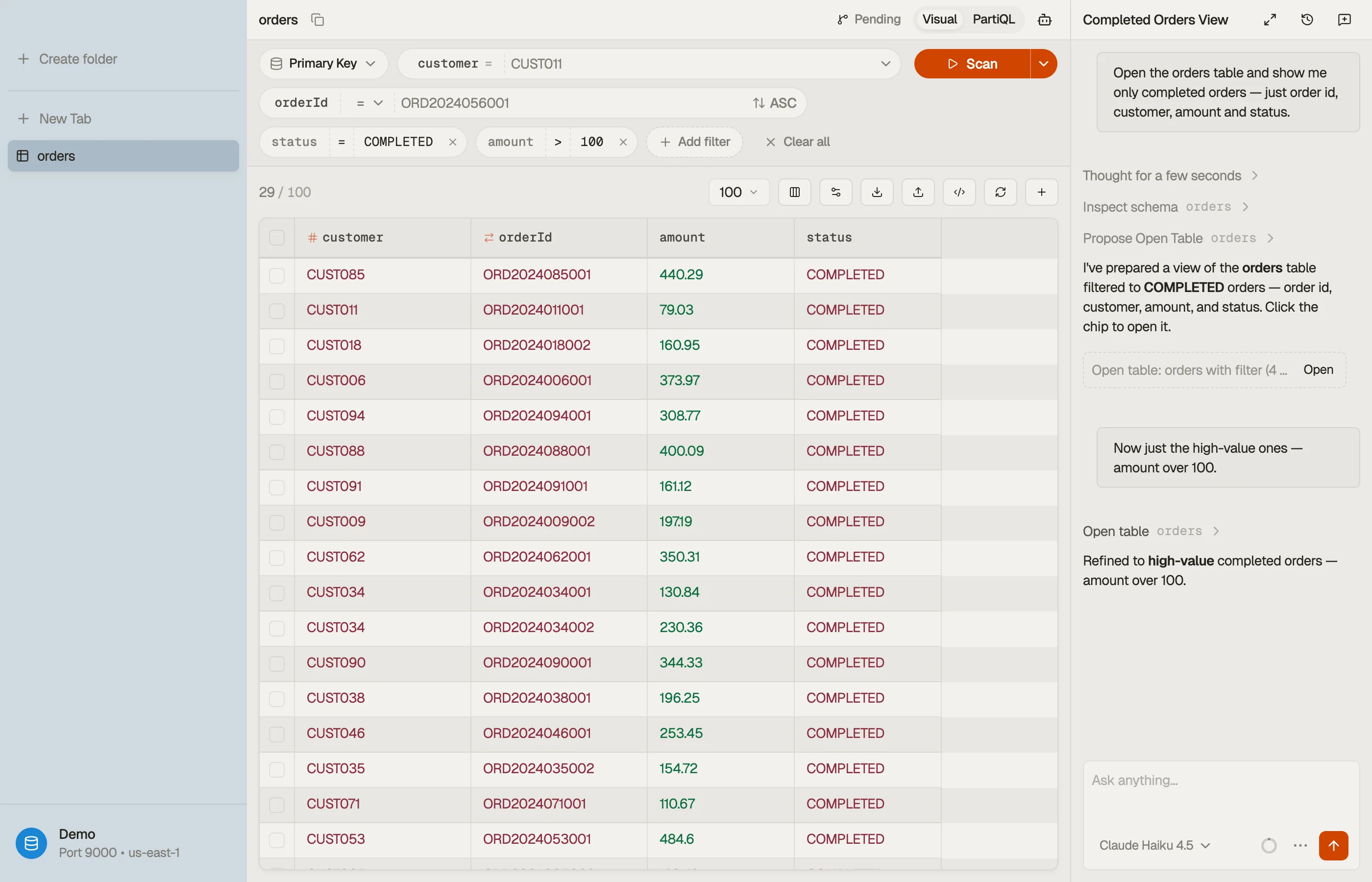 DynoTable's AI chat sidebar docked on the right, alongside an open DynamoDB table tab.