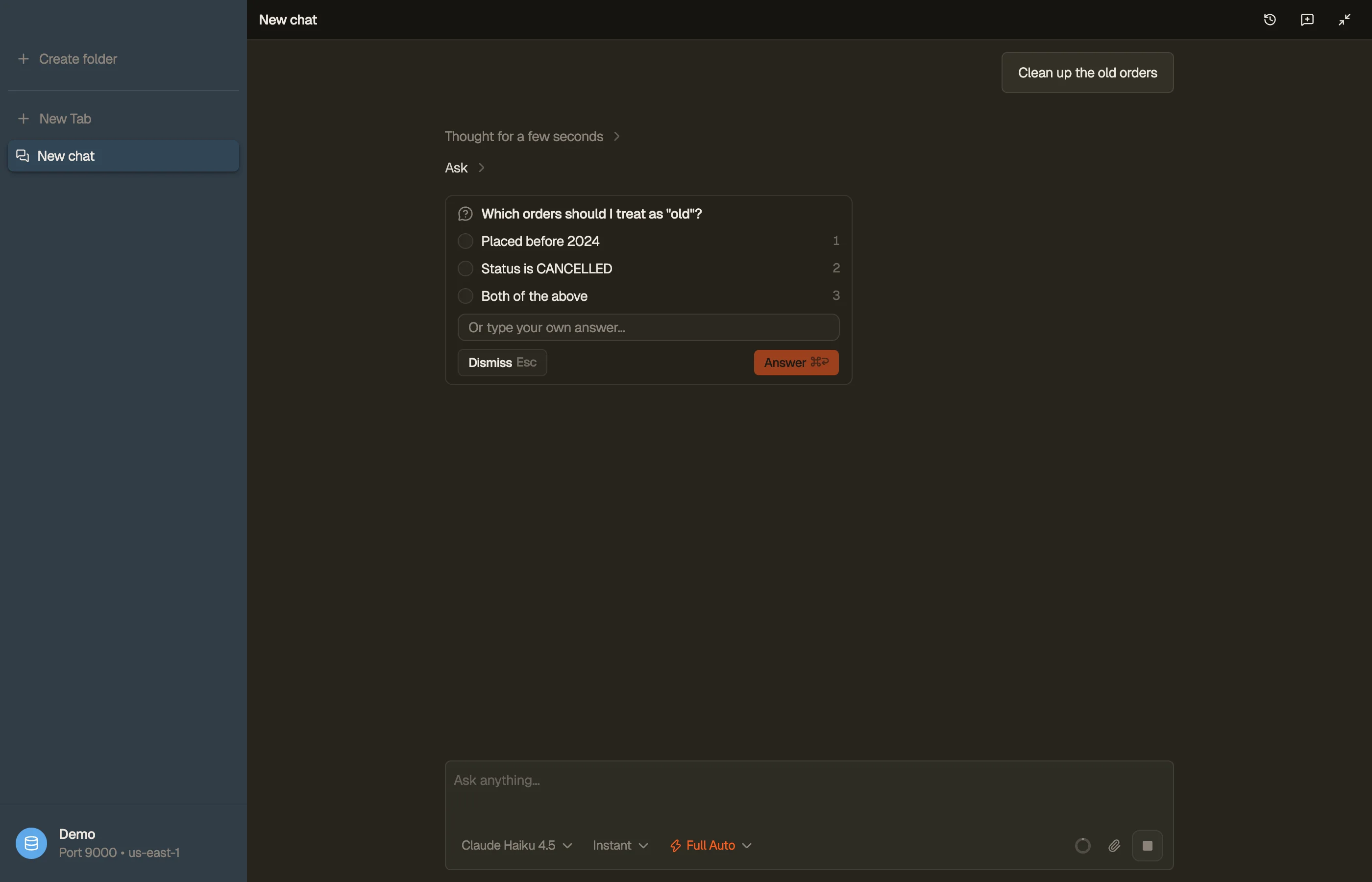 A clarifying chip in DynoTable's AI chat — when a request is ambiguous the agent asks first, offering a small set of choices and pausing the turn until you answer.