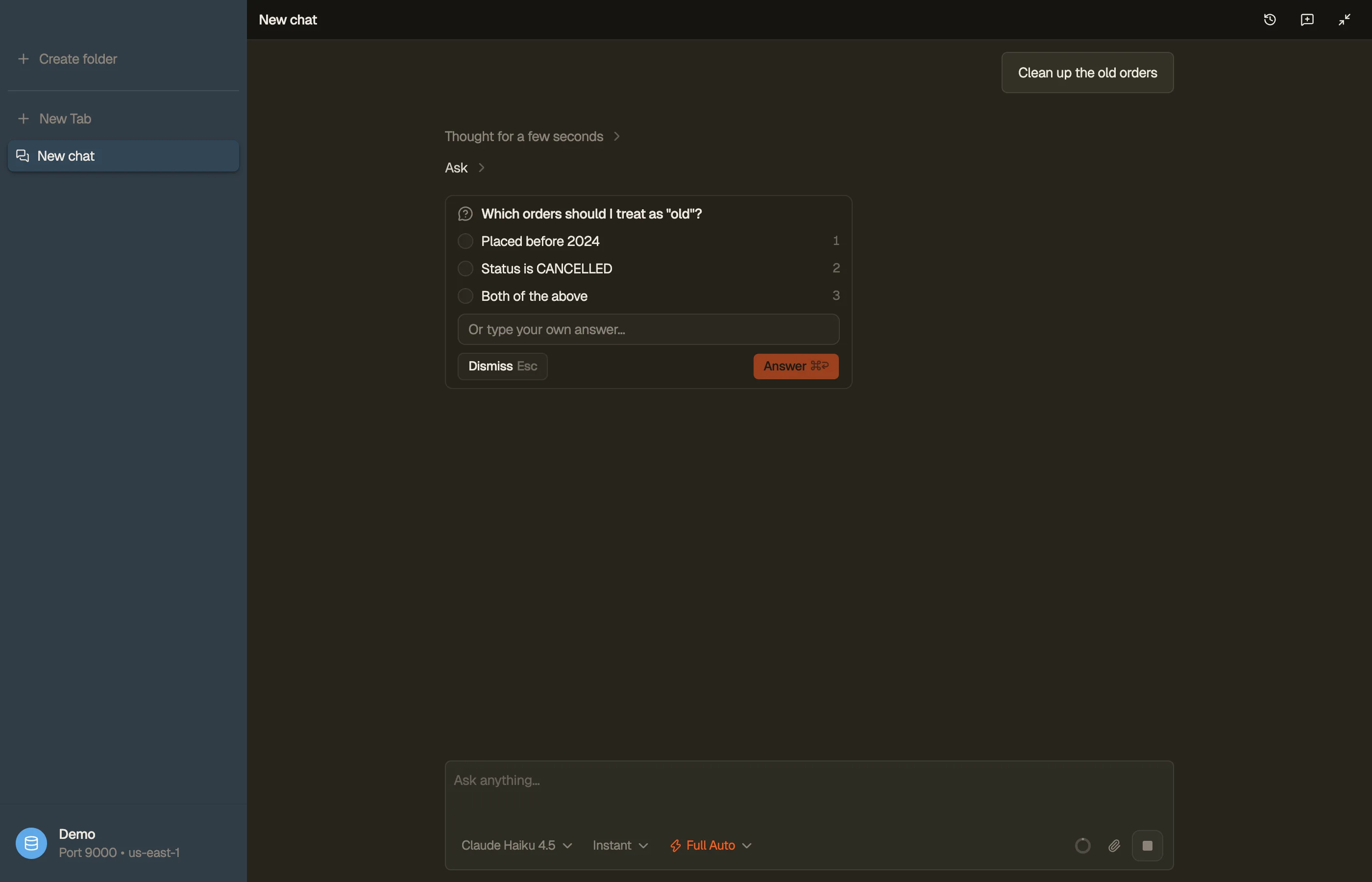 A clarifying chip in DynoTable's AI chat: when a request is ambiguous the agent asks first, offering a small set of choices and pausing the turn until you answer.