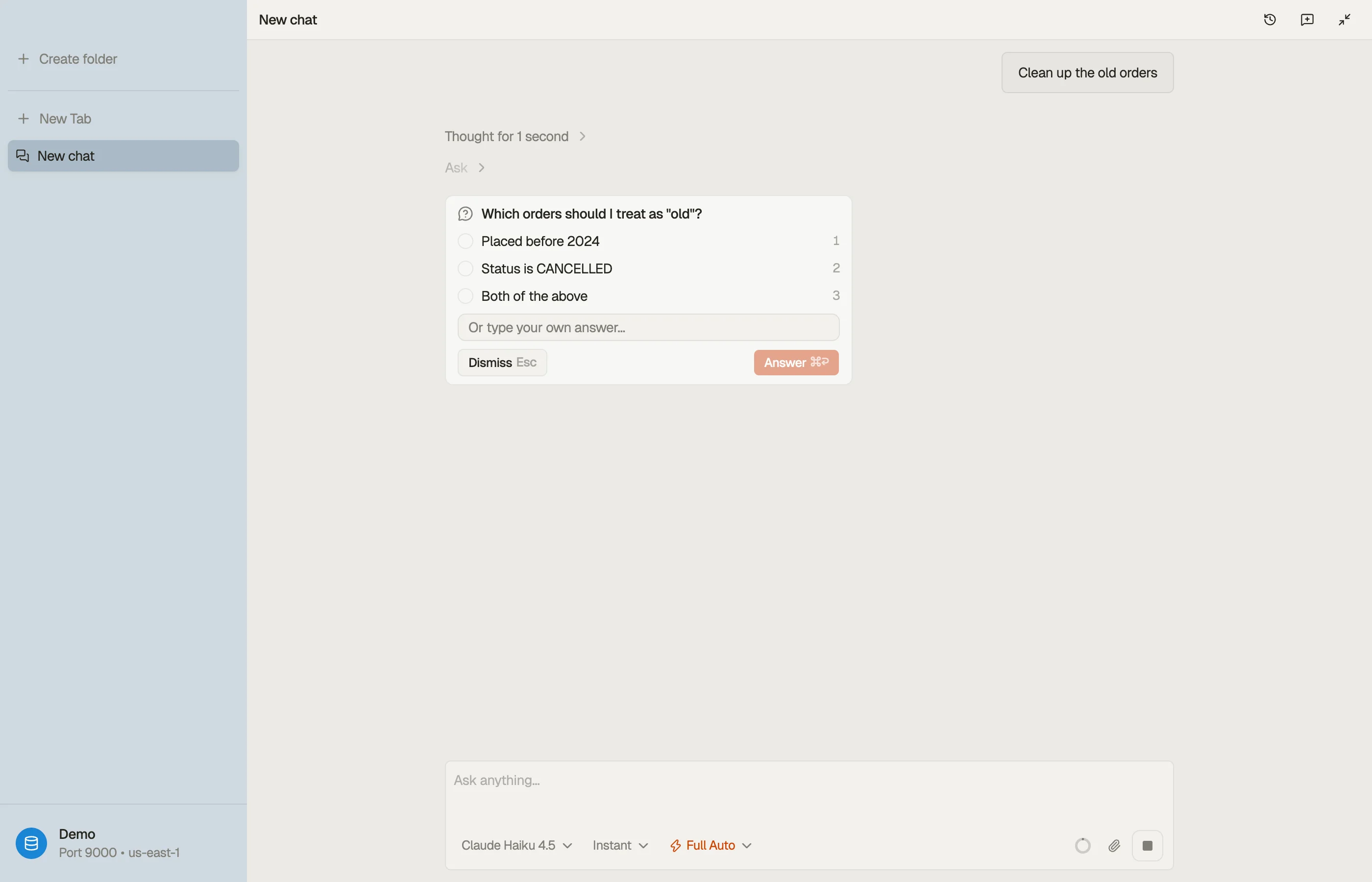 A clarifying chip in DynoTable's AI chat — when a request is ambiguous the agent asks first, offering a small set of choices and pausing the turn until you answer.