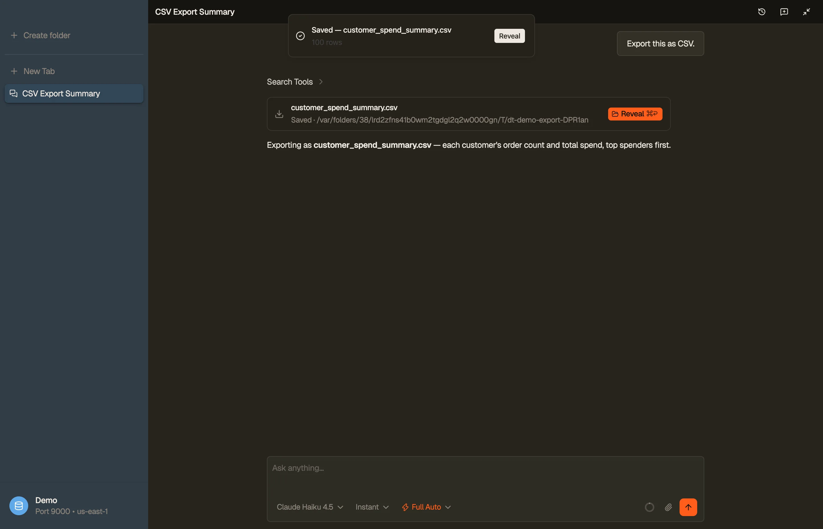 An export artifact chip — the agent streamed DynamoDB results to a file; Reveal opens the finished export on disk.