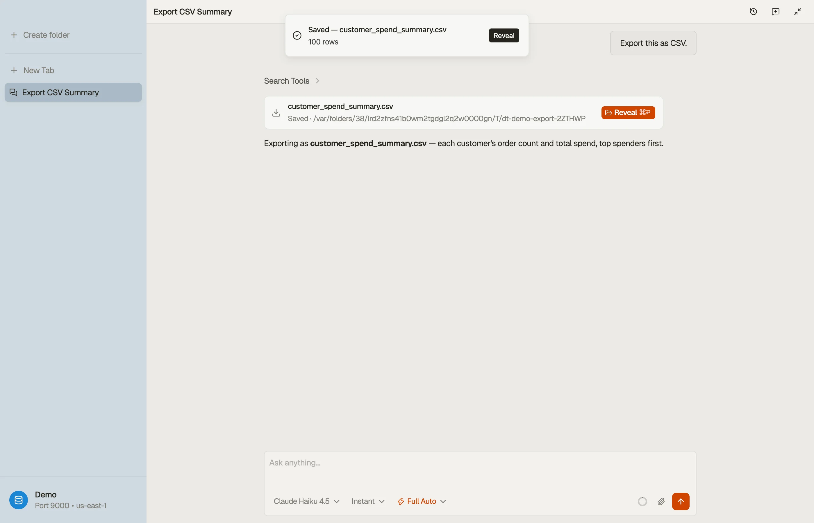 An export artifact chip — the agent streamed DynamoDB results to a file; Reveal opens the finished export on disk.