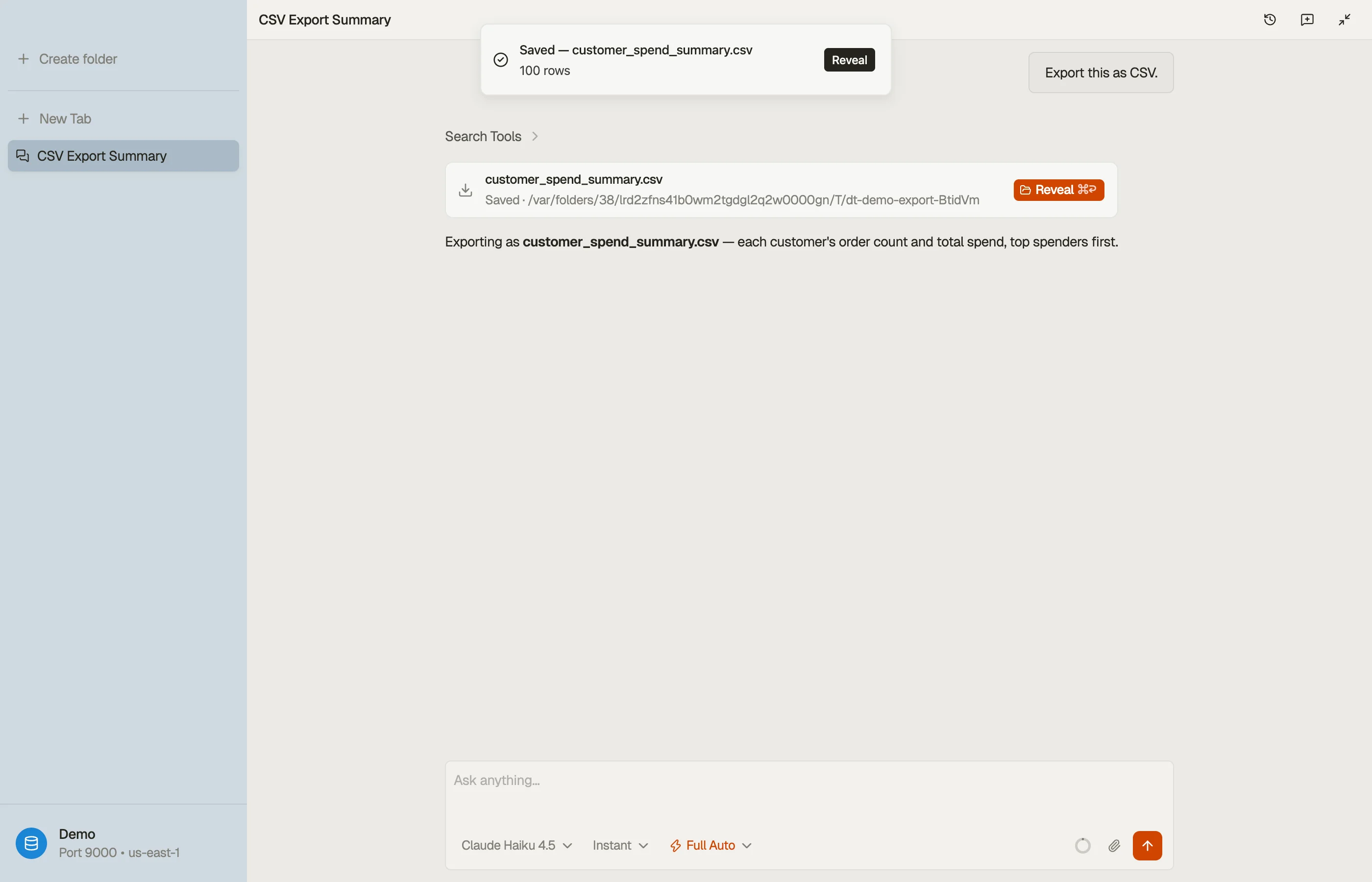 An export artifact chip: the agent streamed DynamoDB results to a file; Reveal opens the finished export on disk.