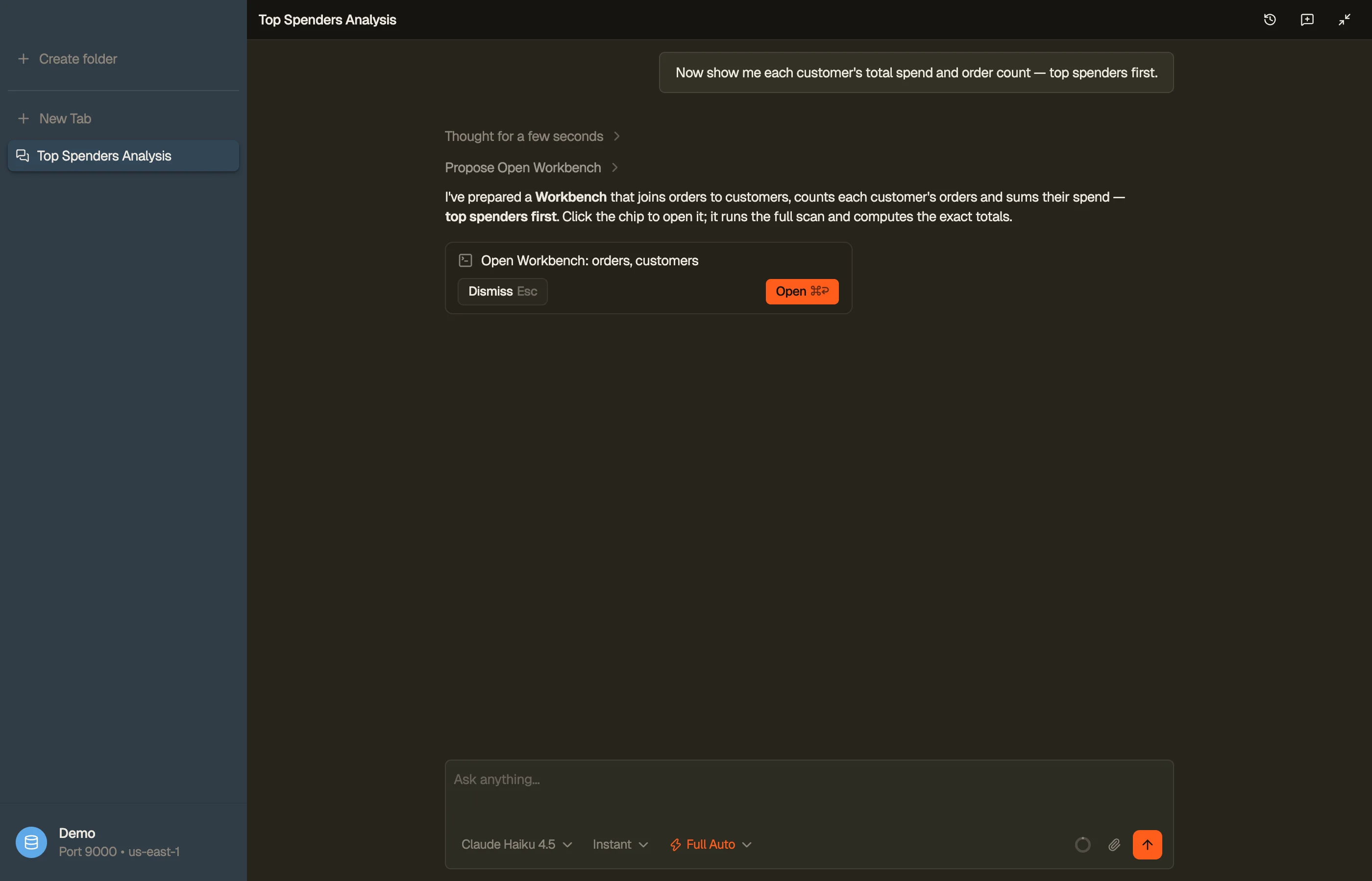 Instead of listing rows in chat, the agent proposes a Workbench tab with the join and GROUP BY already written. One click opens it.