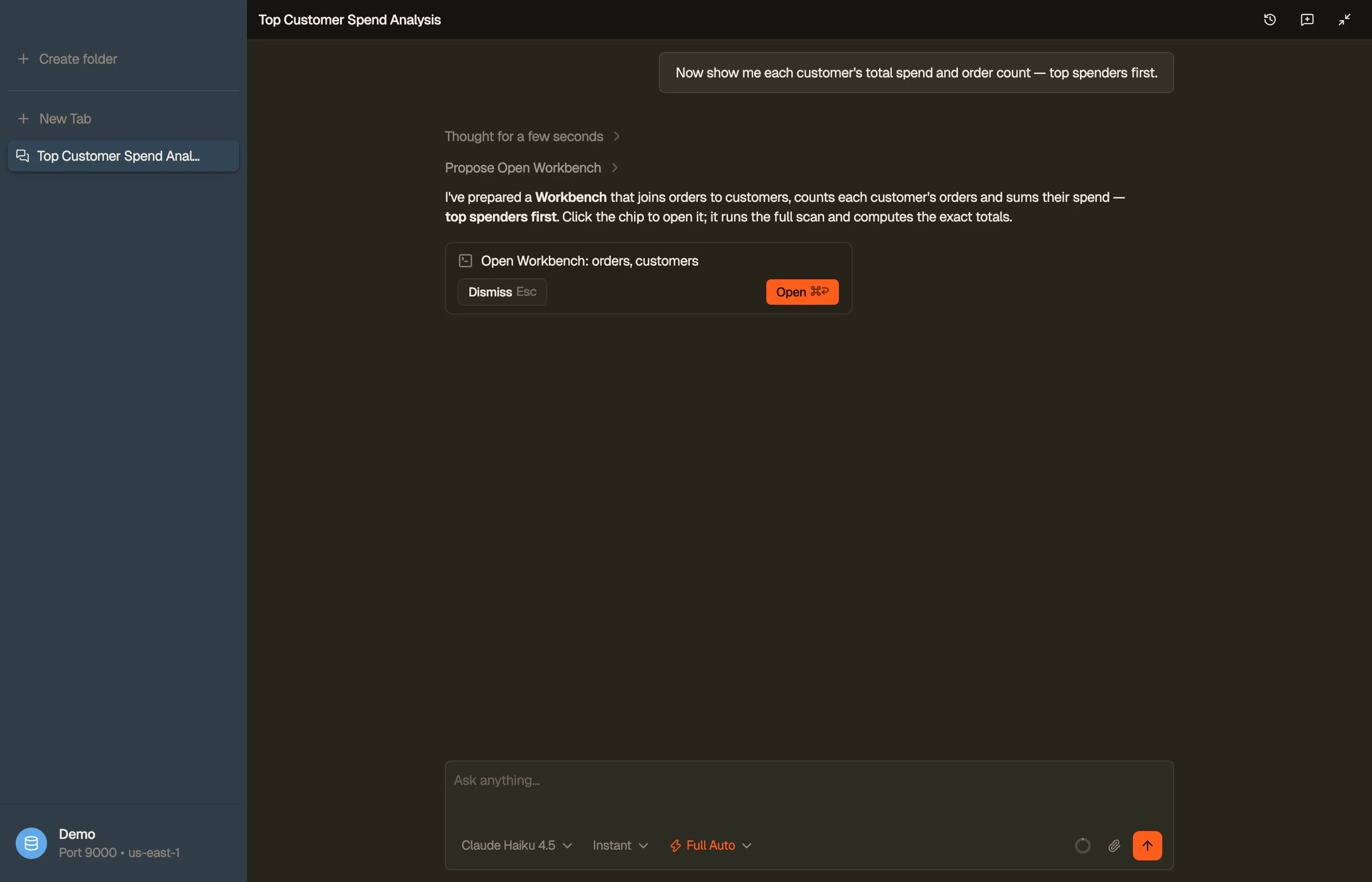 Instead of enumerating rows into chat, the agent emits a chip you click to open the result as a real DynoTable tab.
