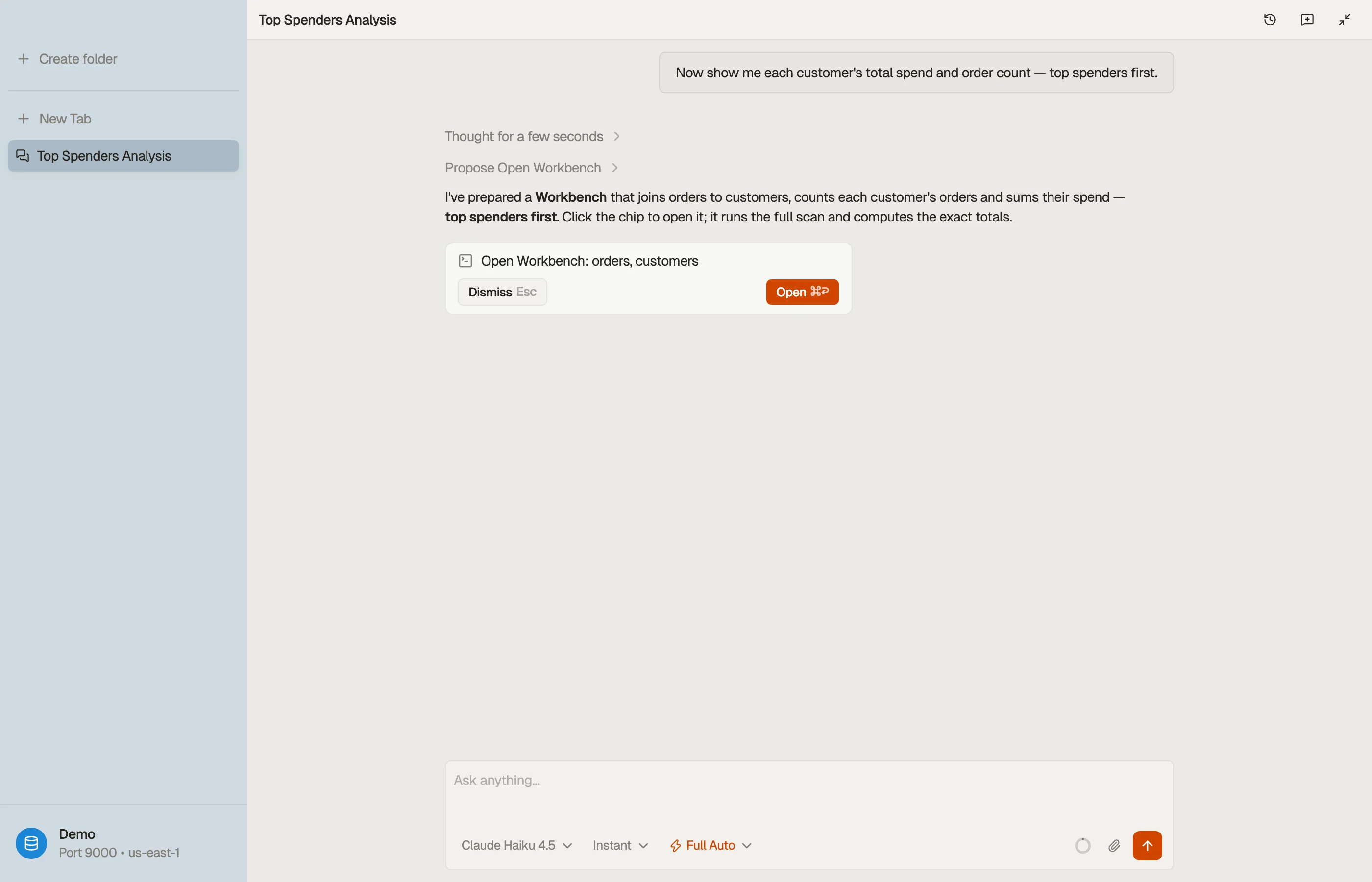 Instead of enumerating rows into chat, the agent emits a chip you click to open the result as a real DynoTable tab.