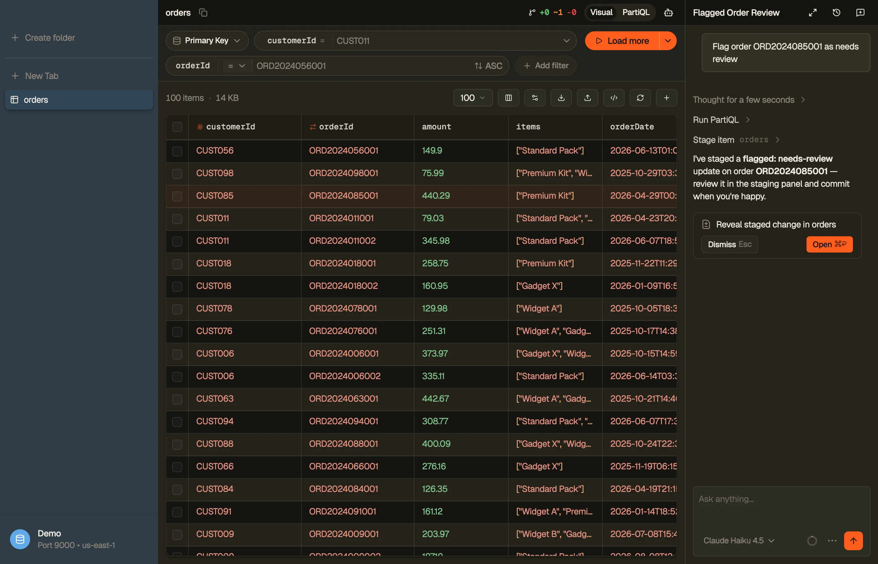 A staged-change chip — the agent staged a single DynamoDB edit; clicking it reveals the change in DynoTable's staging panel to review and commit.