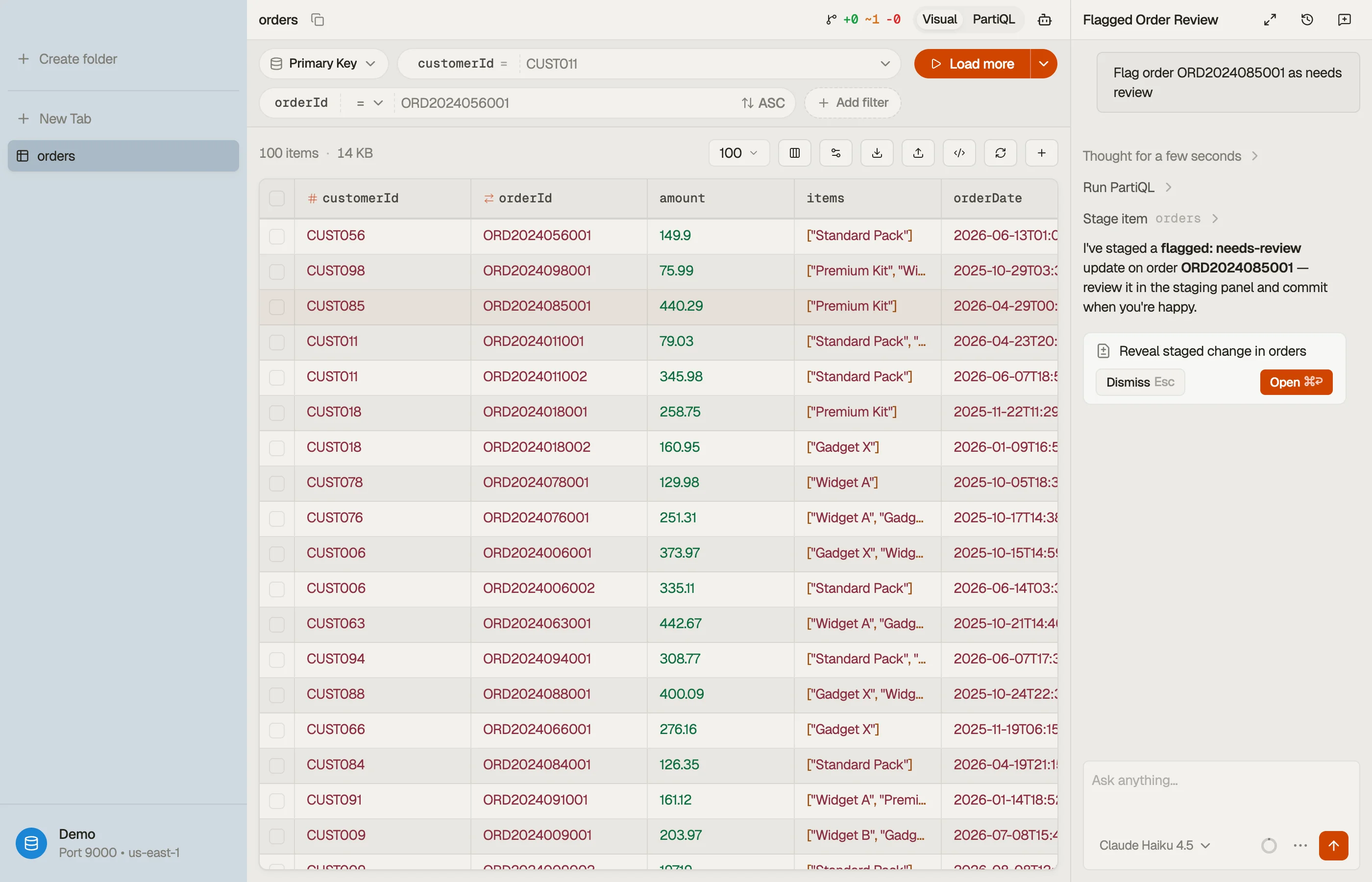 A staged-change chip — the agent staged a single DynamoDB edit; clicking it reveals the change in DynoTable's staging panel to review and commit.