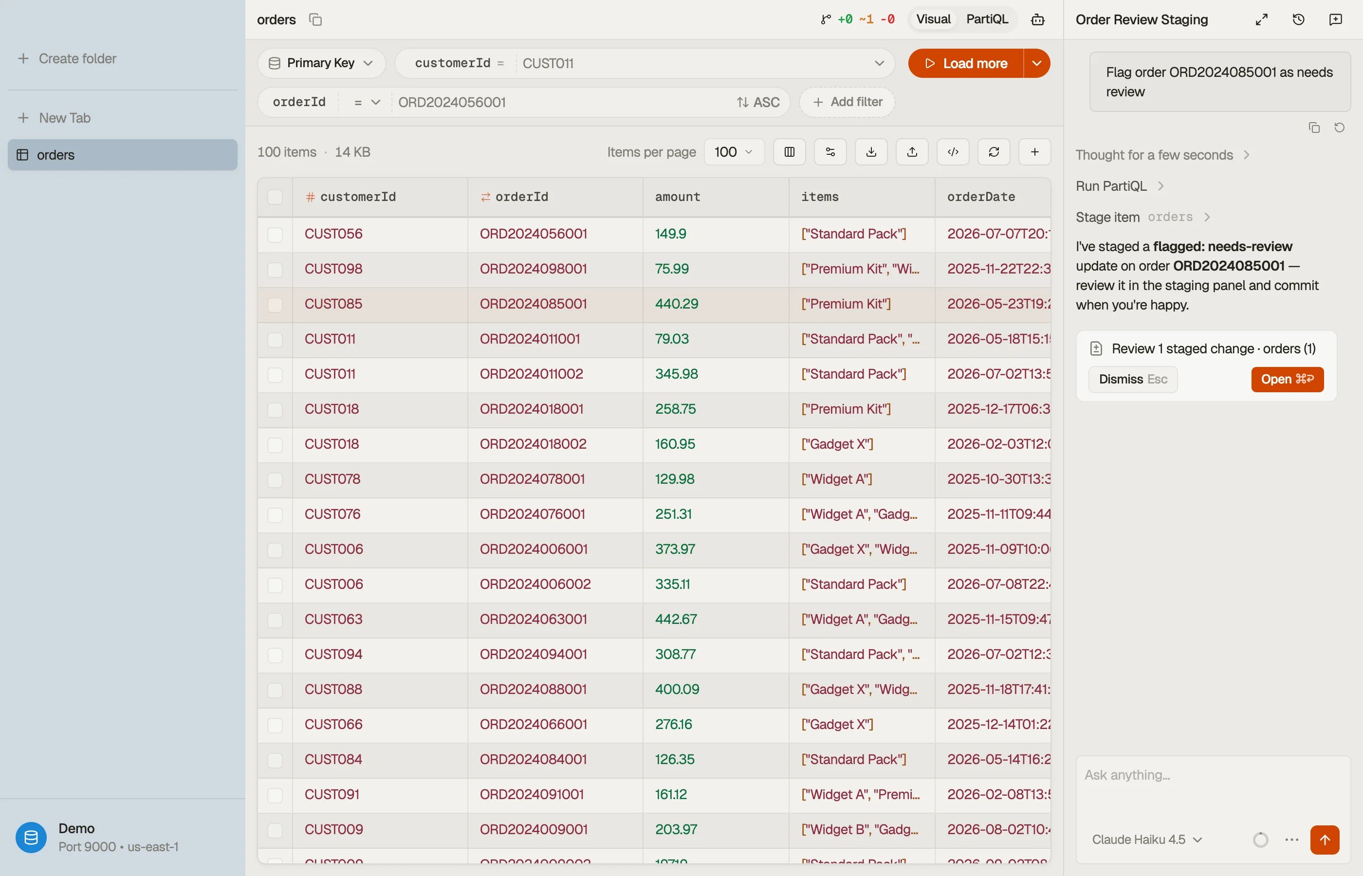 A staged-change review chip: the agent staged DynamoDB changes in this turn; clicking it opens them in DynoTable's Pending changes panel to review and commit.