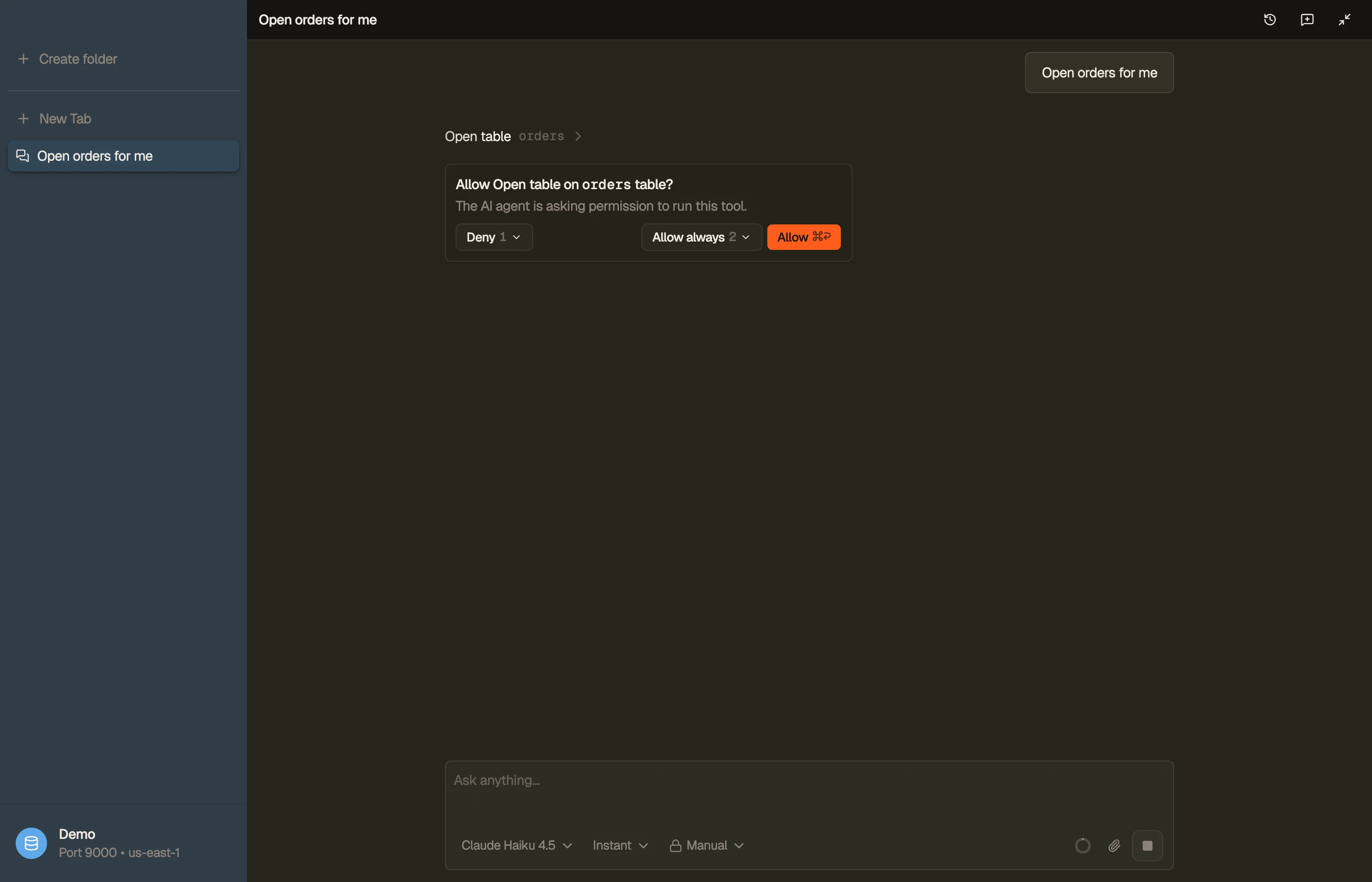 A DynoTable permission prompt: the AI agent asks before running a gated action against a DynamoDB table.