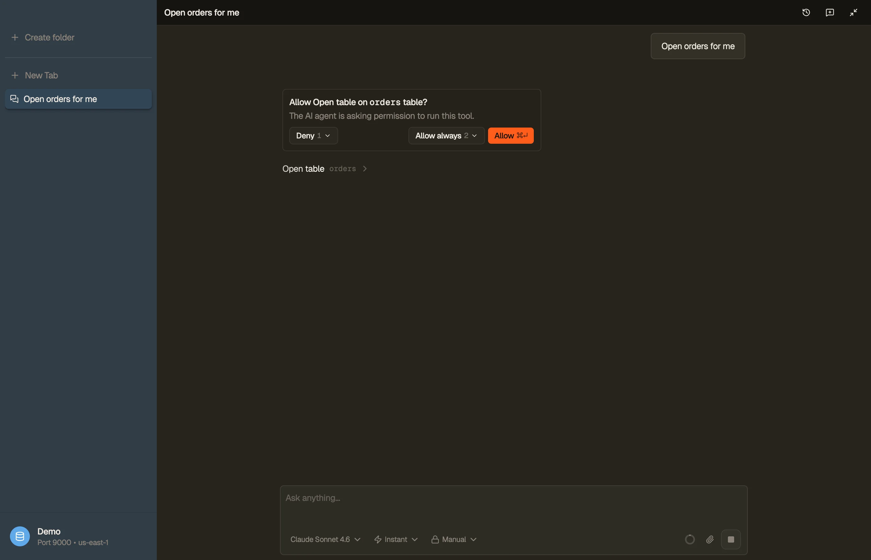 A permission prompt: the assistant asks before running a gated action against a table.