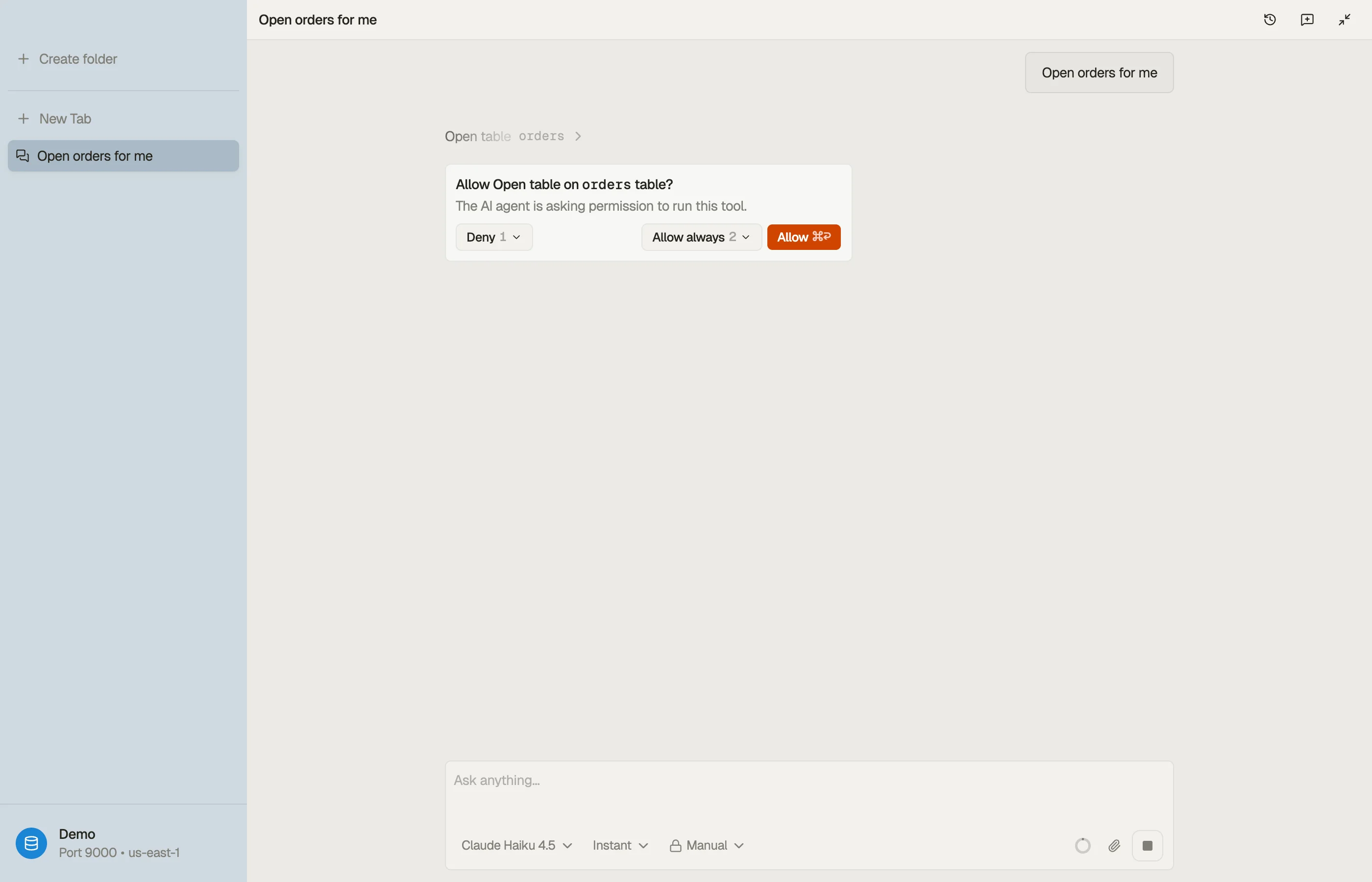A DynoTable permission prompt: the AI agent asks before running a gated action against a DynamoDB table.