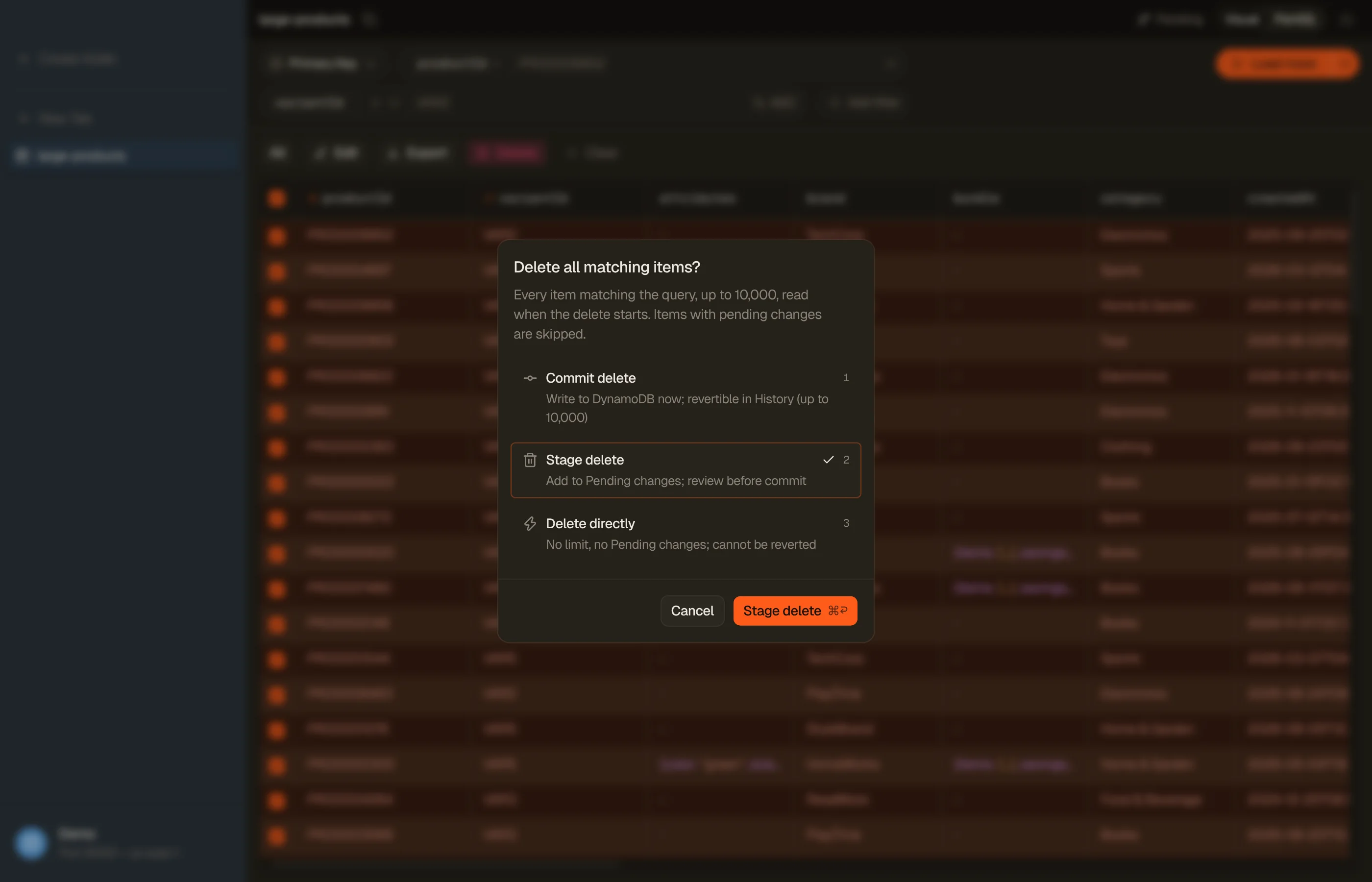 Delete all matching items? with the three ways to write: Commit delete, Stage delete and Delete directly.