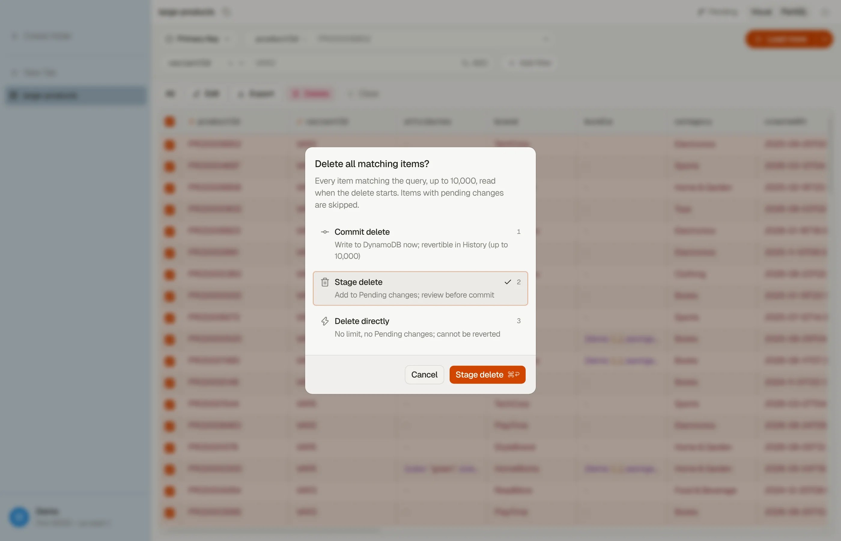 Delete all matching items? with the three ways to write: Commit delete, Stage delete and Delete directly.