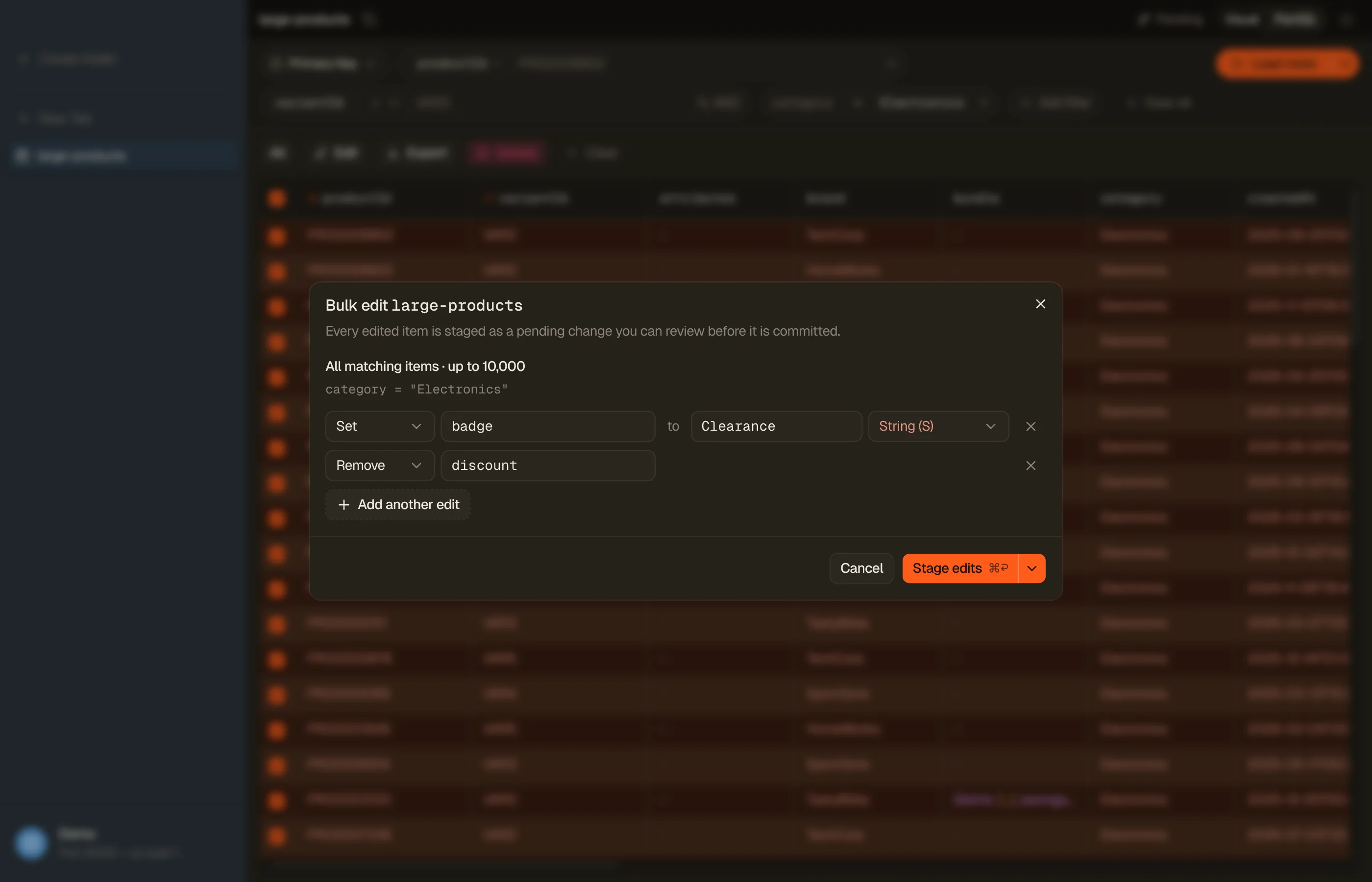The Bulk edit dialog on every matching item: one Set and one Remove, with the filter shown as the scope.