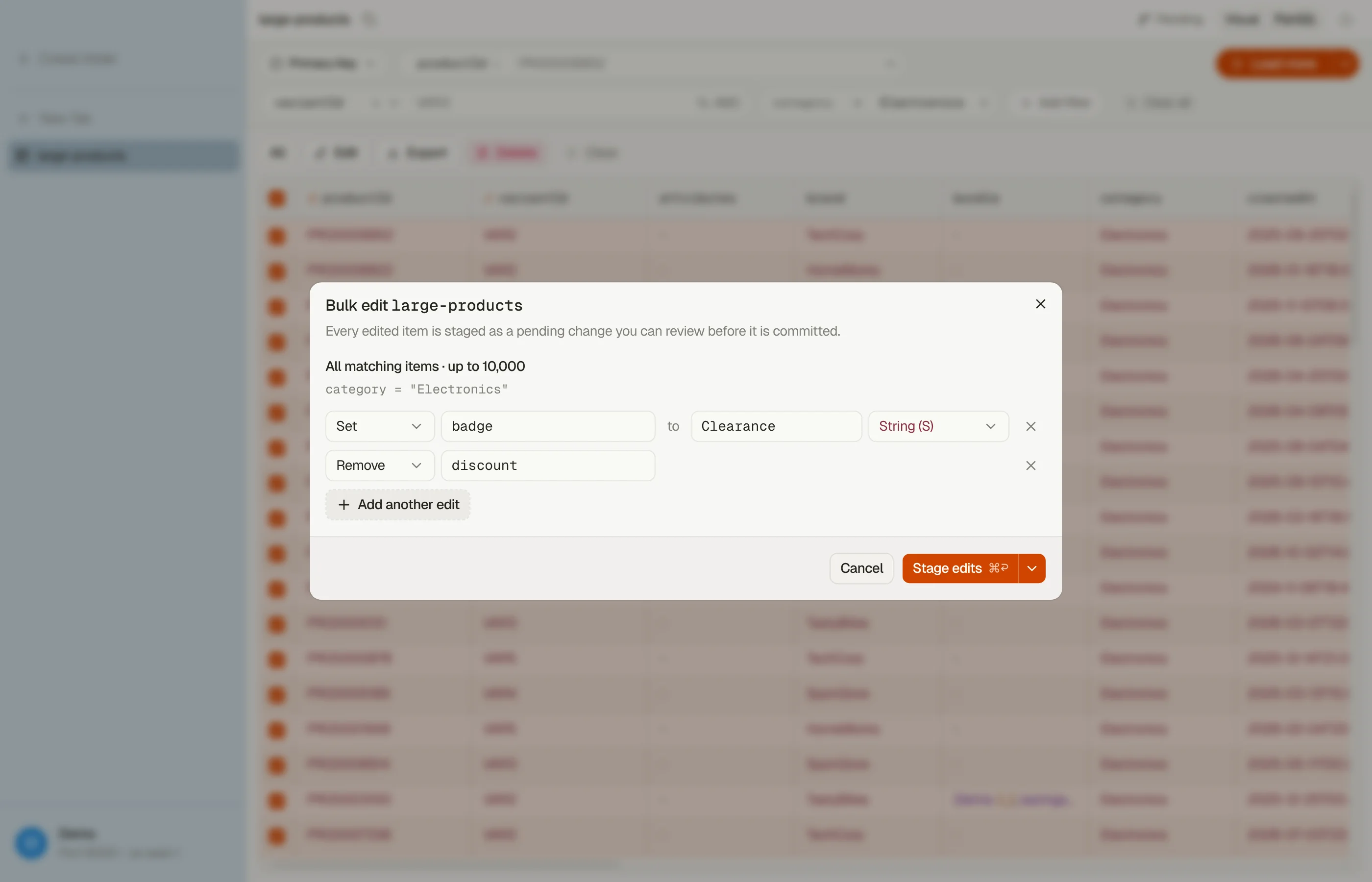 The Bulk edit dialog on every matching item: one Set and one Remove, with the filter shown as the scope.