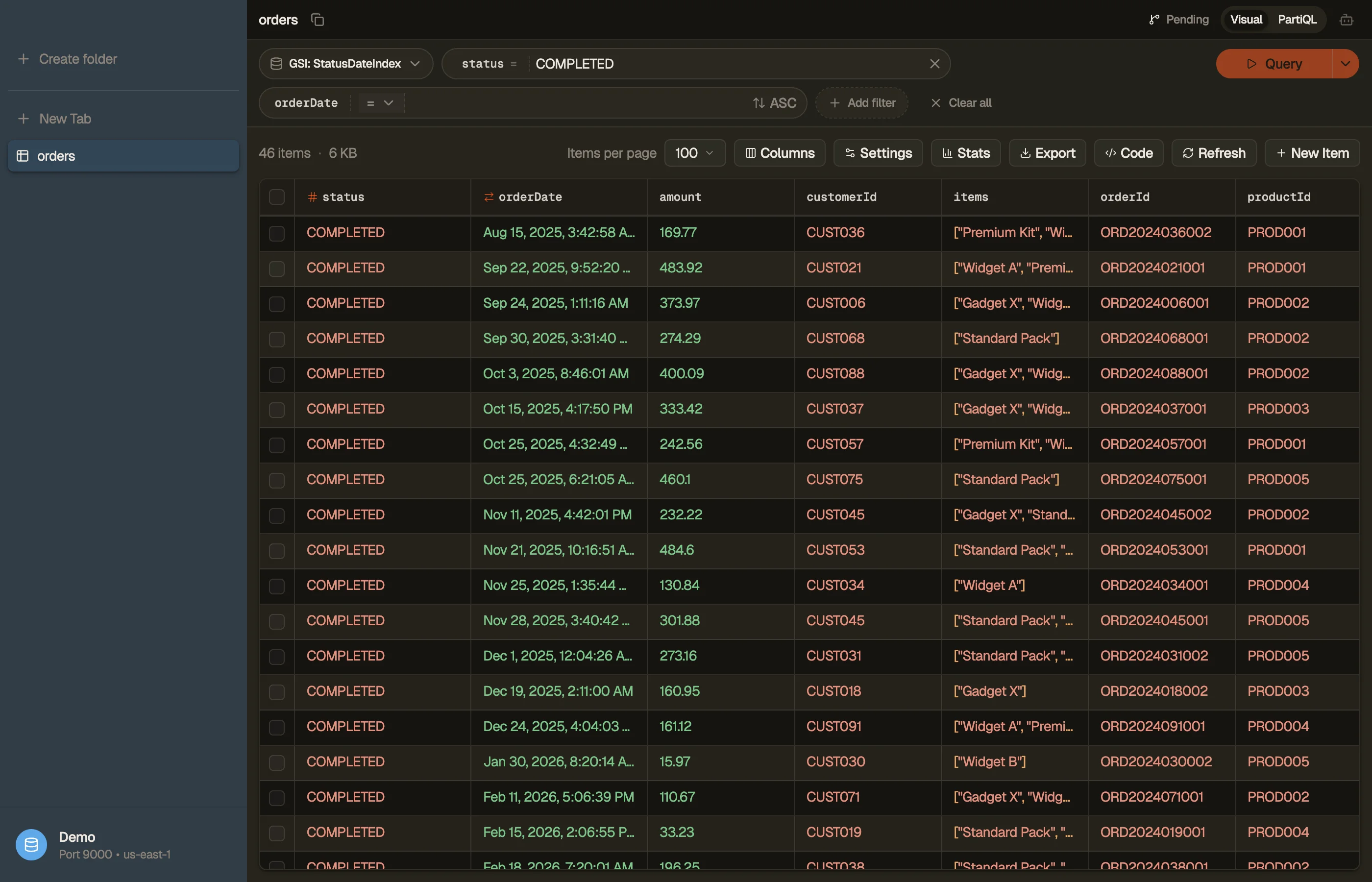 DynoTable's visual filter builder with the index picker and the derived Query badge.