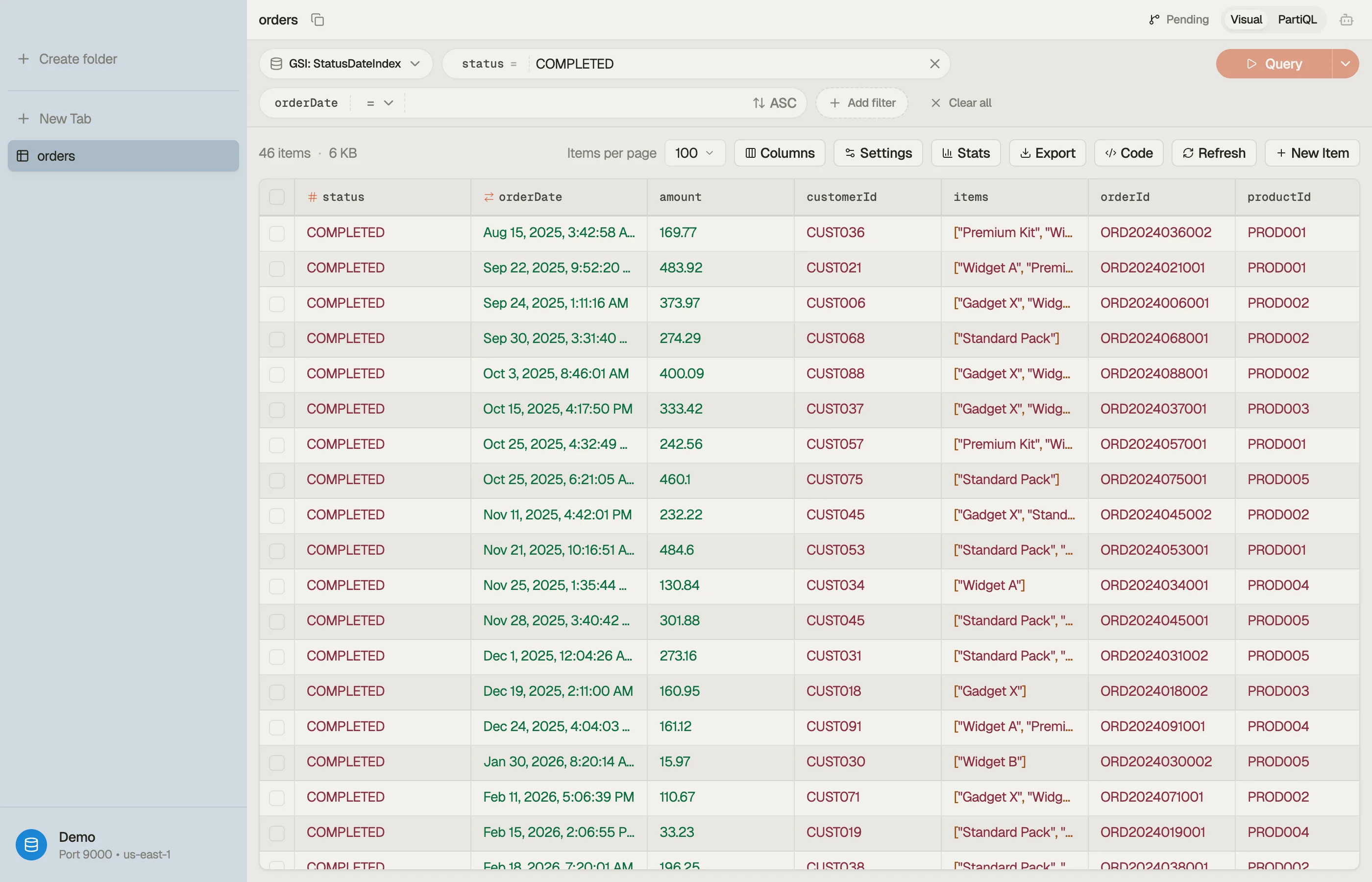 DynoTable's visual filter builder with the index picker and the derived Query badge.