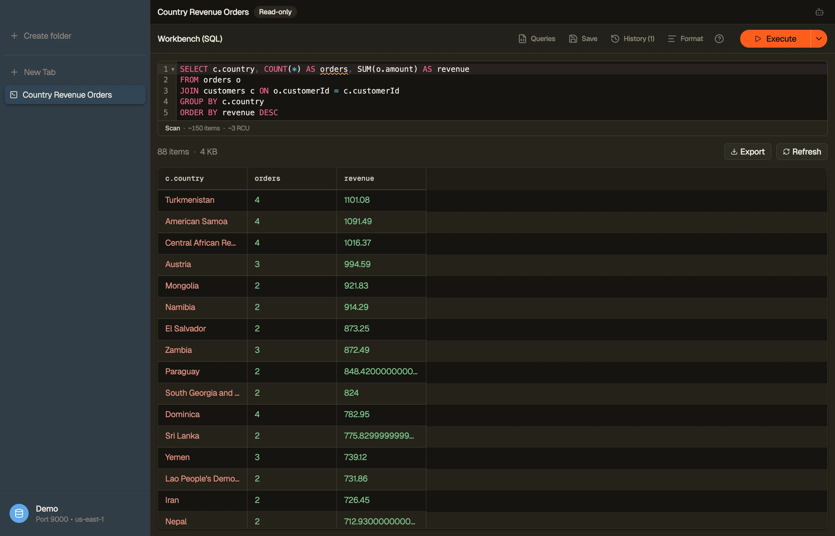 The DynoTable SQL Workbench compiling a JOIN with GROUP BY into Query and Scan calls.