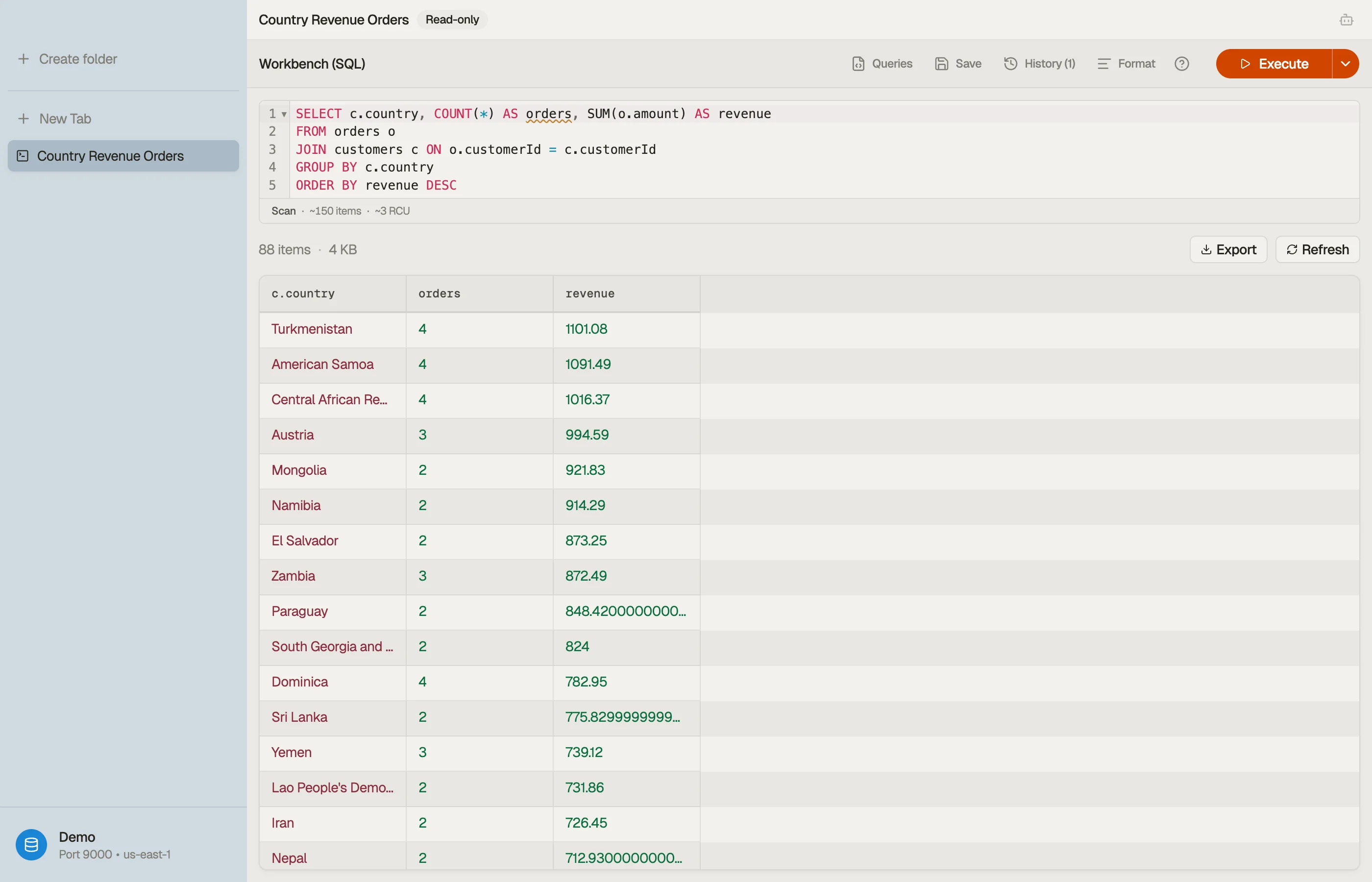 The DynoTable SQL Workbench compiling a JOIN with GROUP BY into Query and Scan calls.