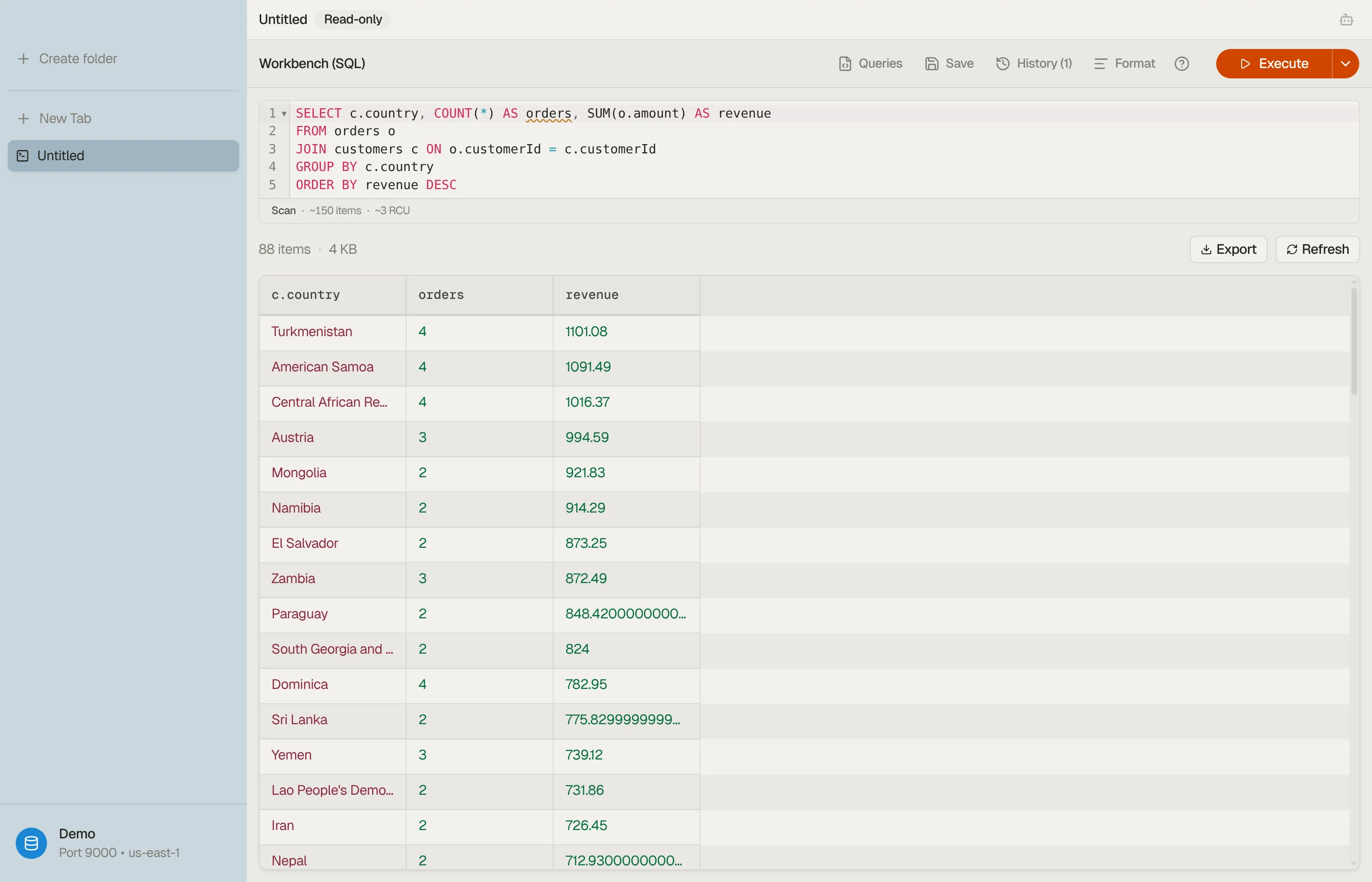 DynoTable SQL Workbench running a JOIN with GROUP BY over live DynamoDB tables, with no export snapshot.