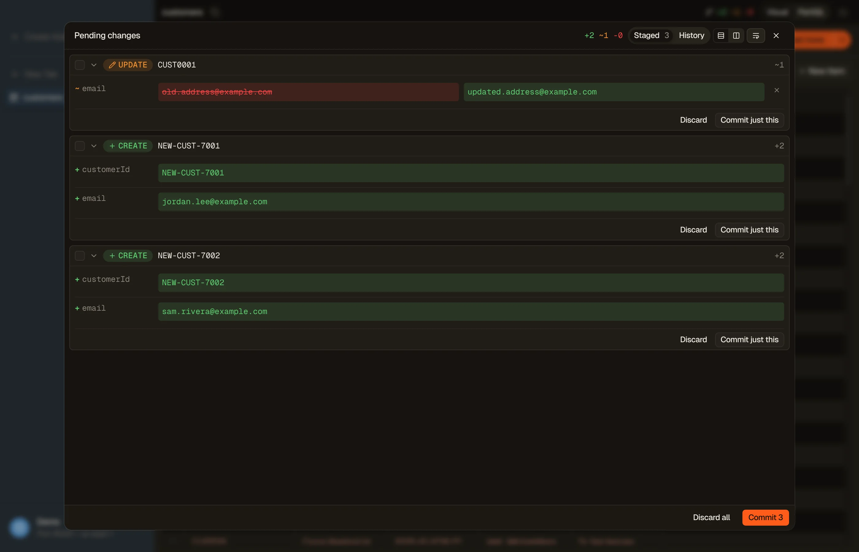 DynoTable's staged-commit diff before anything is written to DynamoDB.