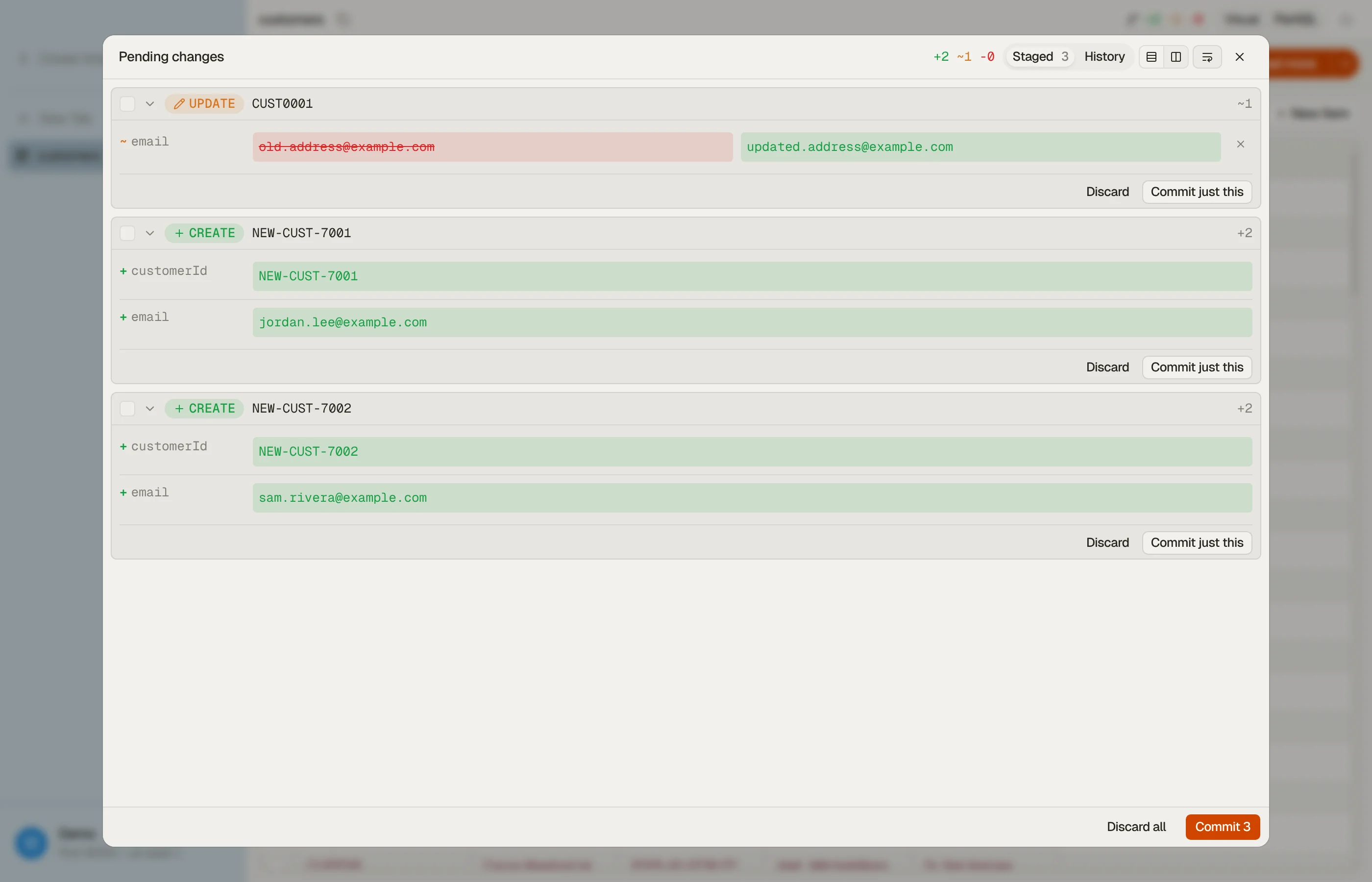 DynoTable's staged-commit diff before anything is written to DynamoDB.