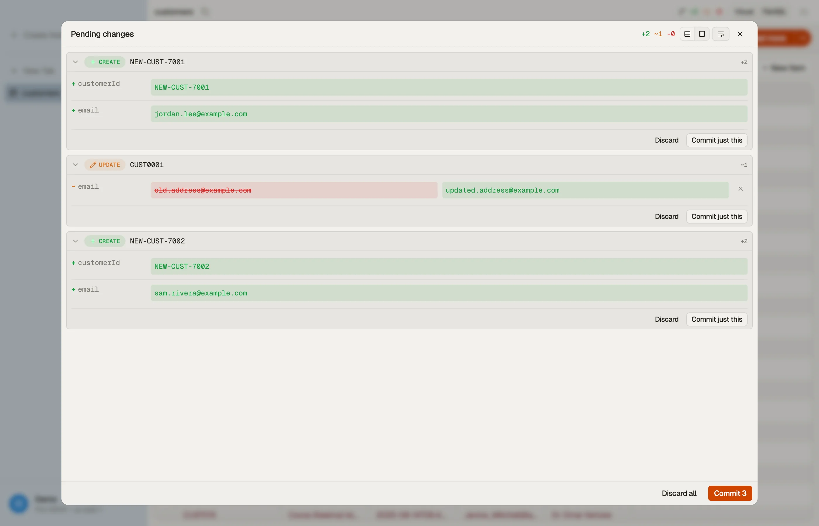 DynoTable's staged-commit diff before anything is written to DynamoDB.